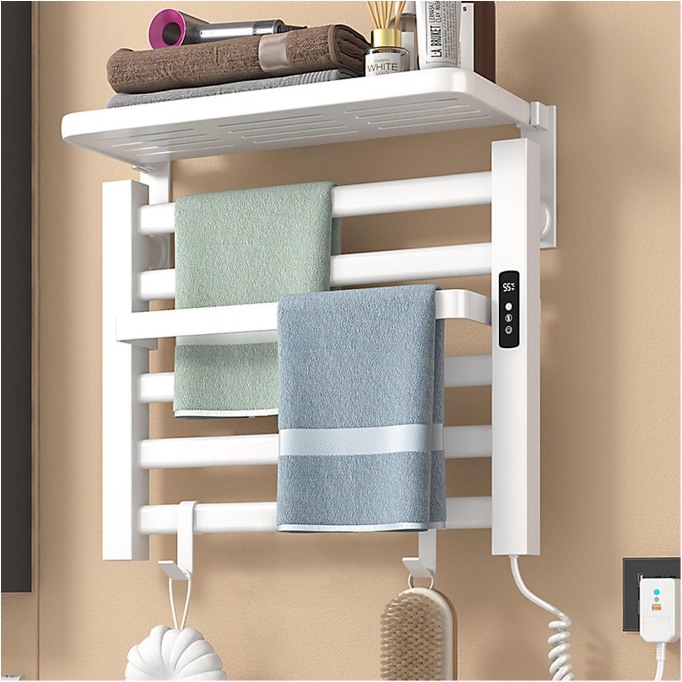 Heated Towel Rail, 100W Towel Warmer Digital Display Radiator Towel Rail Wall Mounted Electric Towel Rail Timer 1-9H, 6-Bar Bathroom Radiators 50 * 45 * 22cm Electric Towel Radiator