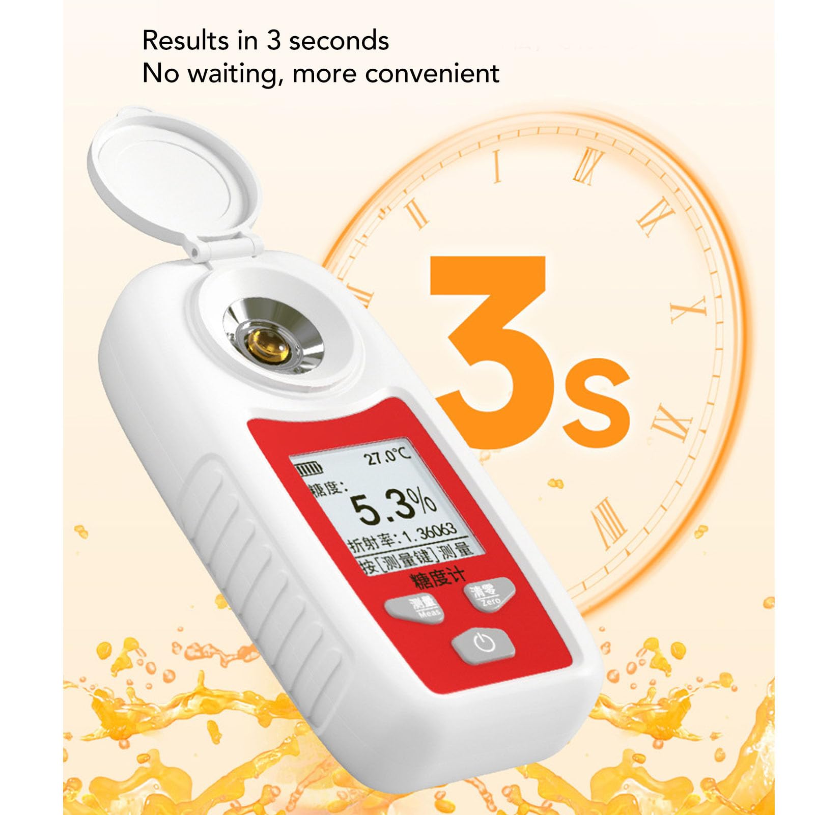 TOPINCN Medidor de Azúcar de Frutas, Refractómetro Digital Portátil de Alta Precisión Brix con Medición de un Botón para Análisis de Dulzor de Jugos de Frutas y Vinos (DLX‑SDJ1514（0‑55%）1.333‑1.430)