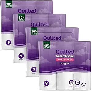 by Amazon Papel Higiénico, 3 Capas Acolchada, Suave y Sedoso, 36 Rollos (4 Paquetes de 9), 200 Hojas por Rollo, Certificado FSC