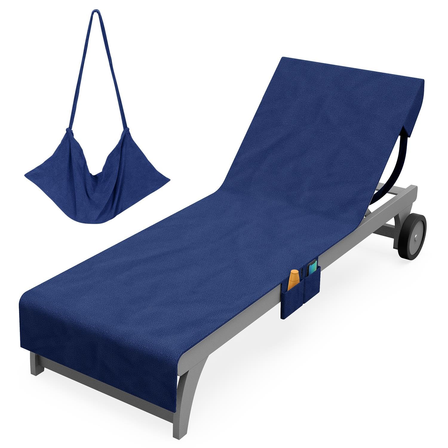 Vinsani Sun Lounger Beach Towel Carry with Pockets Sand Free Compact Bag Soft Microfibre Quick Dry Lightweight 215 x 73 cm for Holiday Summer Garden Swim Pool Beach Lounger Towels – Navy Blue