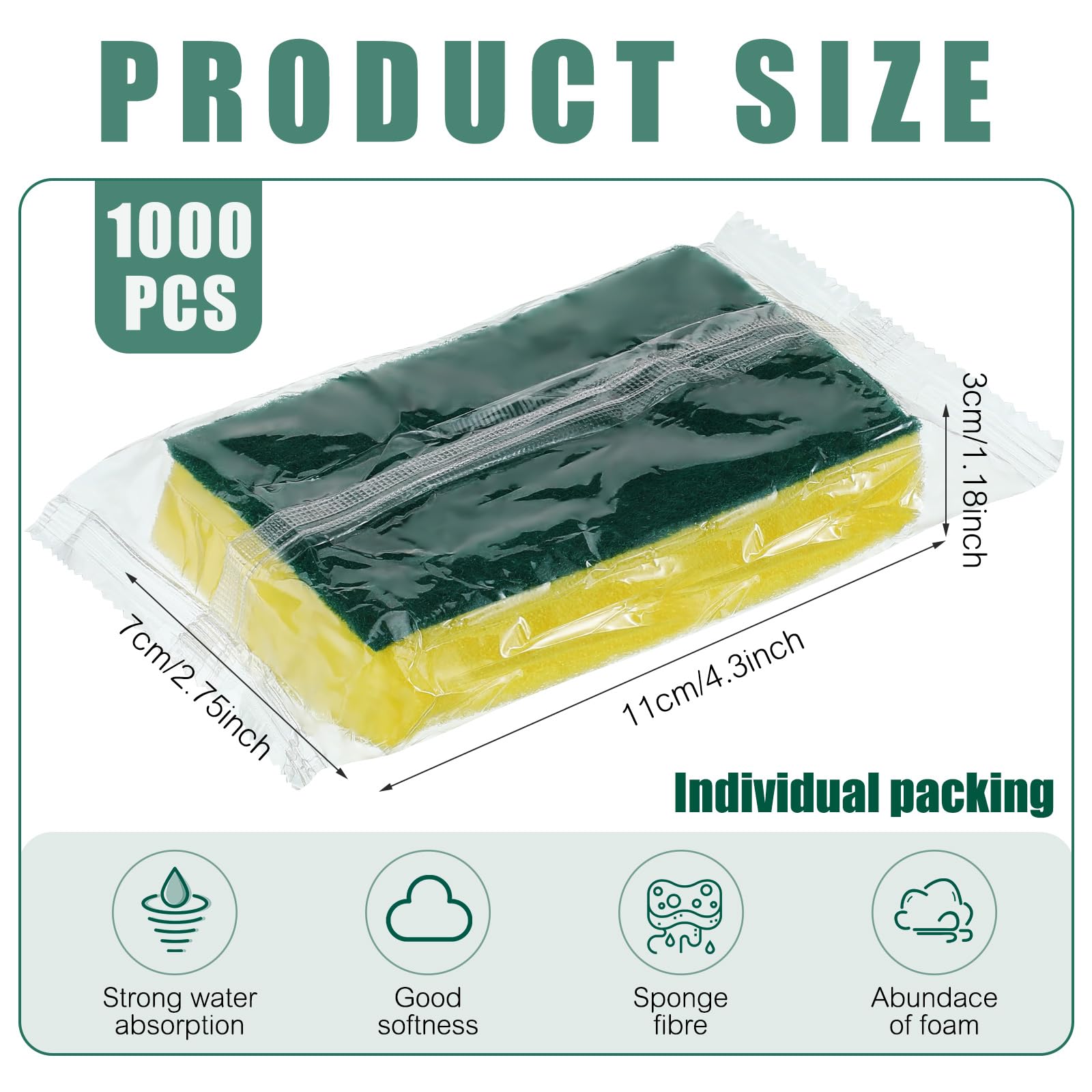 100 Pcs Individually Wrapped Sponge Dishwashing Sponge Bulk Non Scratch Scrub Sponges Kitchen Scouring Pad for Household Cleaning Rental Dishes Hotel Apartment Car (Yellow,Green)