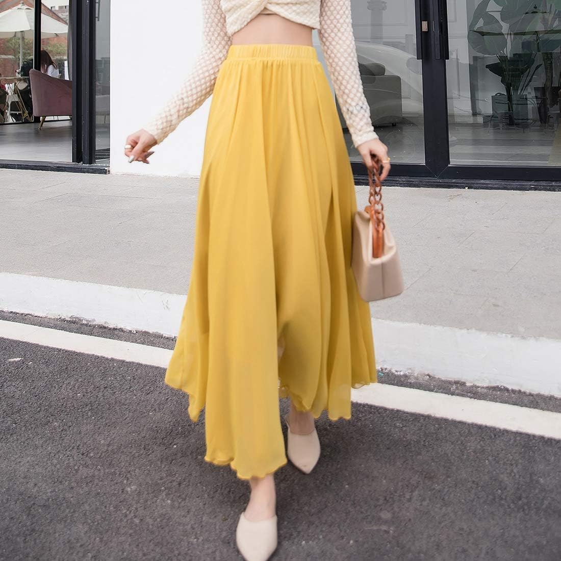 Womens High Waist Flowy Chiffon Long Skirt Summer Casual A Line Boho Beach Dance Maxi Skirt