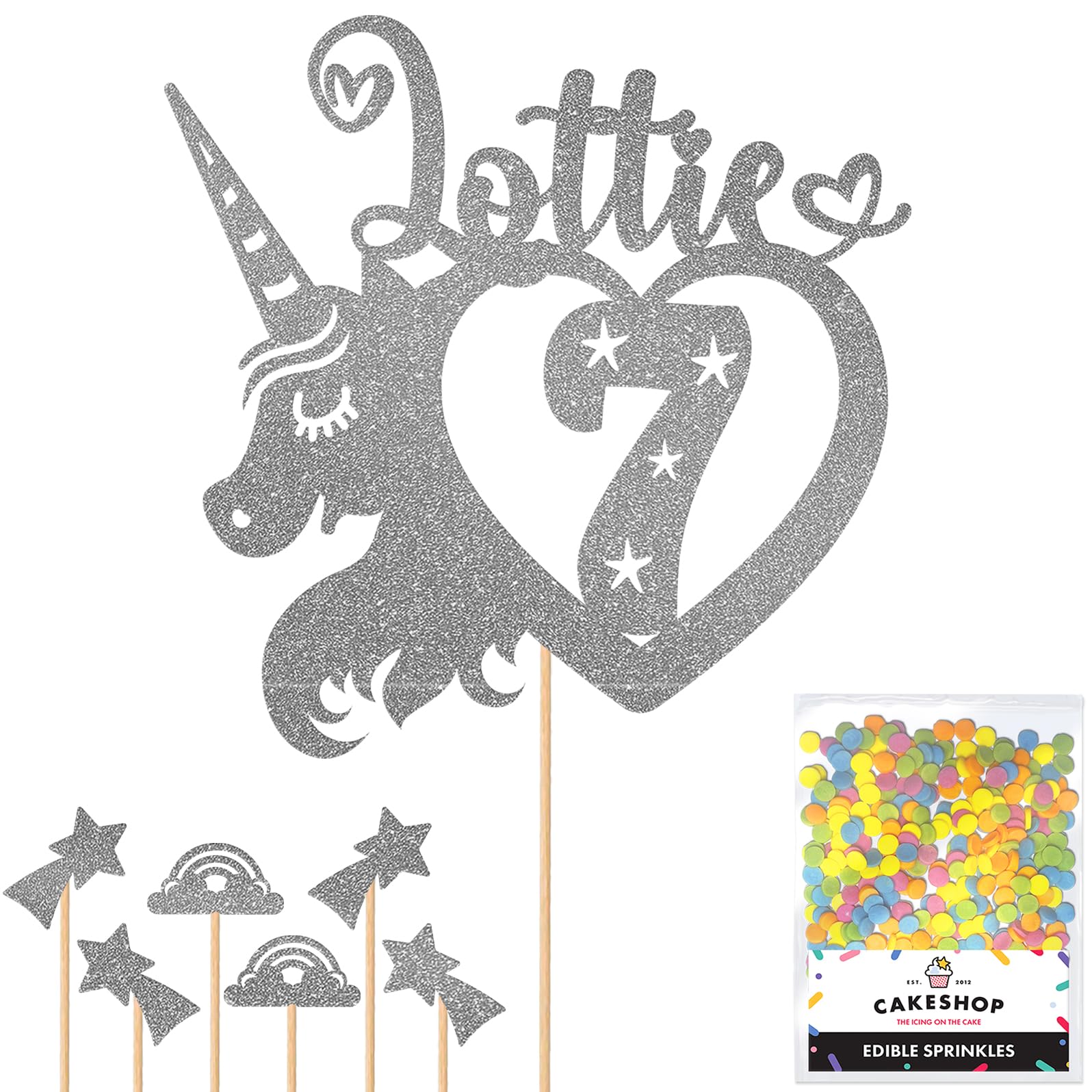 Personalised Unicorn Heart Glitter Cake Topper- Dark Silver Any Custom Age & Name Glitter Cake Decoration and Sprinkles - Happy Birthday Decorations - Personalised Toppers for Cakes by Cakeshop