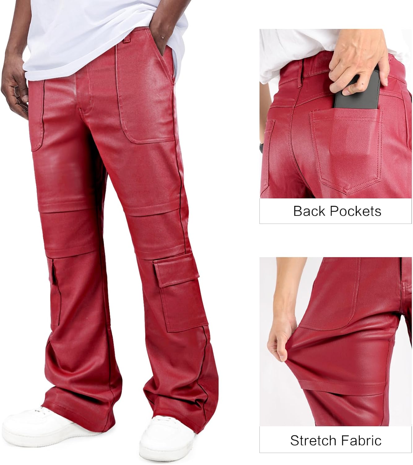 GINGTTO Mens Faux Leather Cargo Pants Flared Bell Bottoms with Pockets for Men 70s Party Pants - Image 4