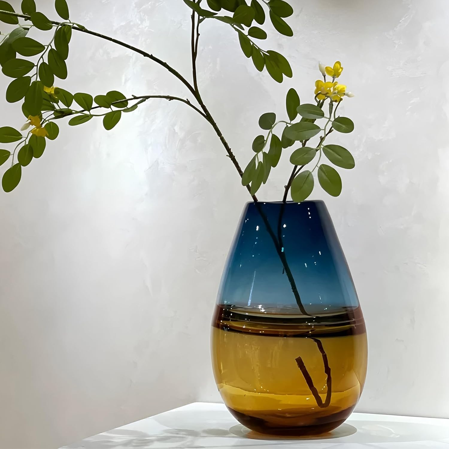 Glass Handmade Decorative Vase Ombre Centerpiece Vase with Yellow Base, Flower Vase for Home Decoration (Tall vase)