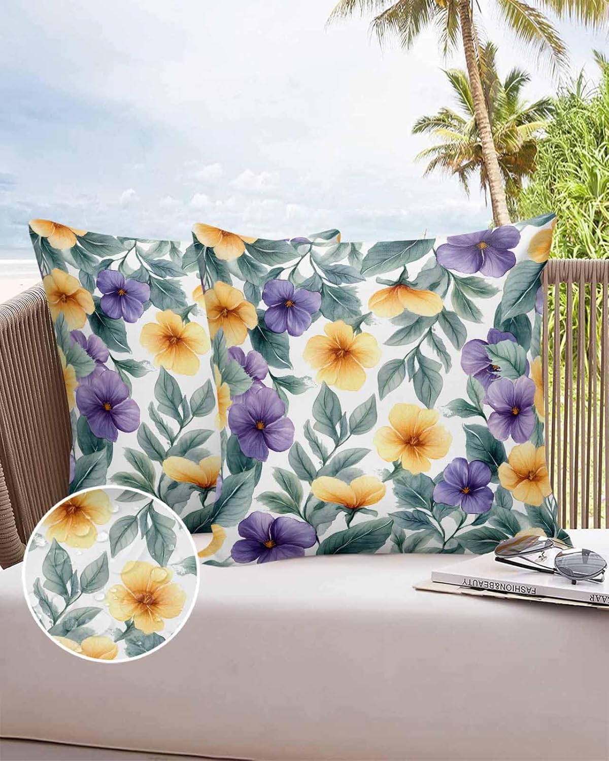 Purple Yellow Flower Spring Plant Outdoor Pillow Covers 20x20in Pack of 2 Waterproof Pillowcase Farm Green Leaf Retro Decorative Throw Cushion Case for Patio Couch Sofa