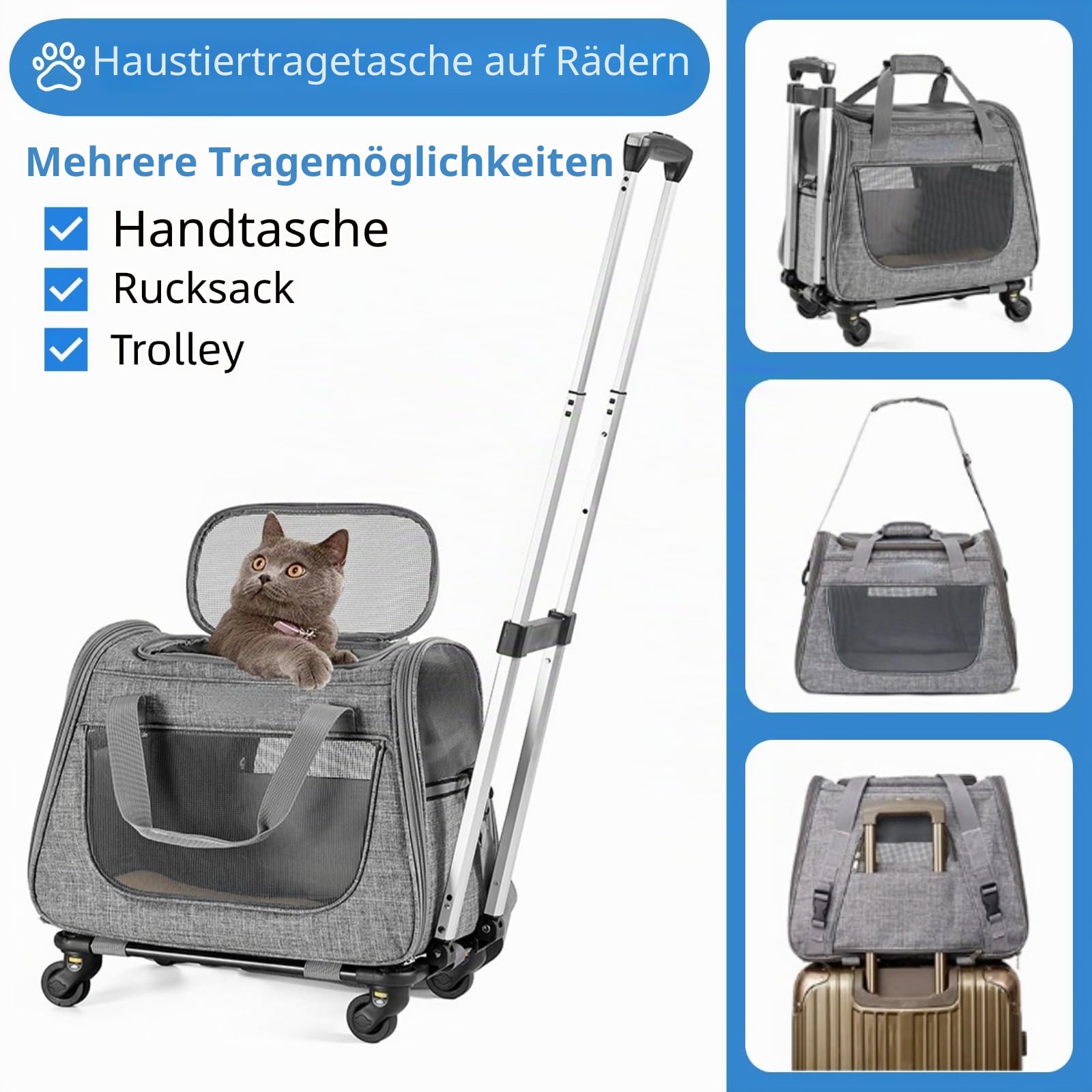 Katzentragetasche Transporttasche mit Rollen 2 in 1 Trolley Haustier Reisetasche für Katze