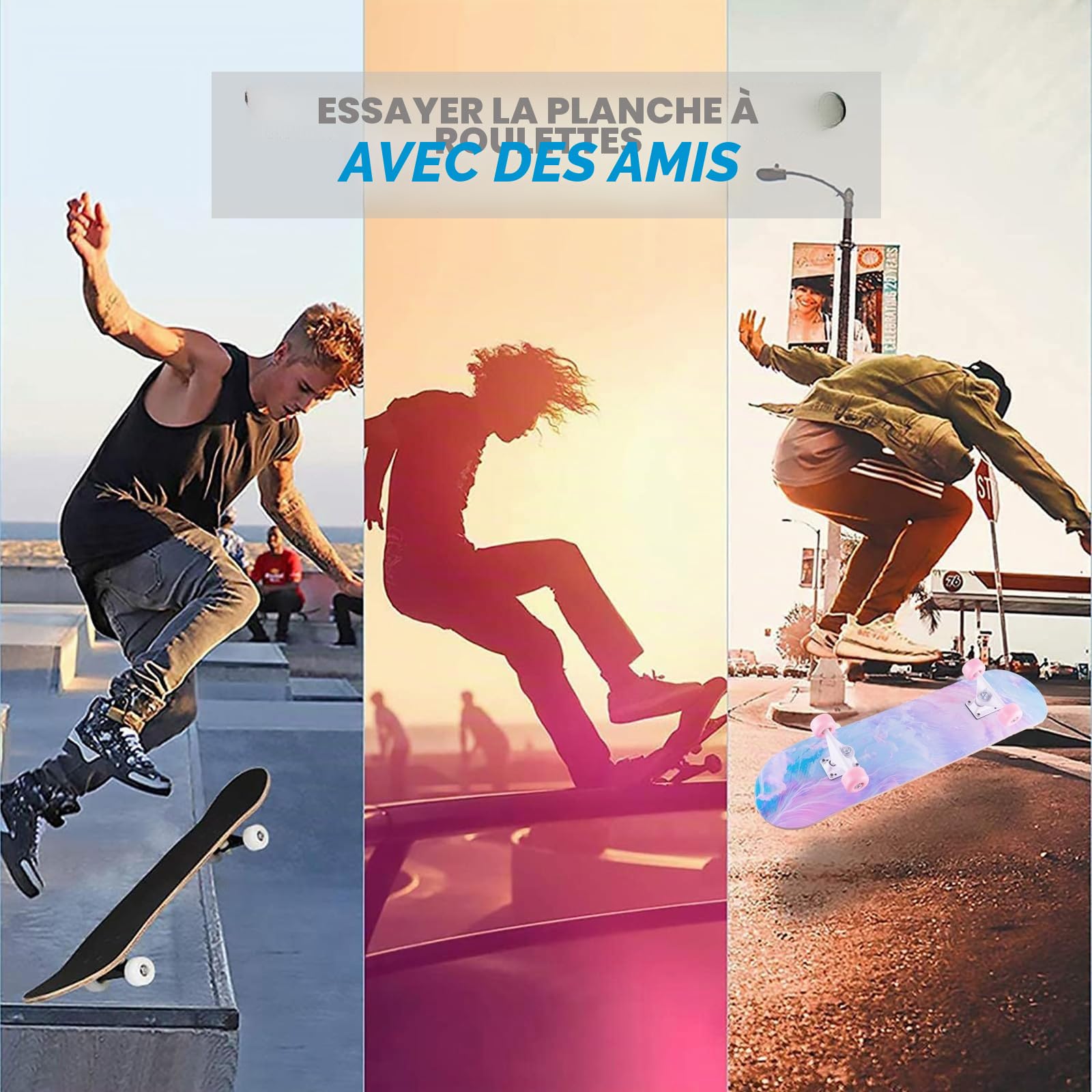 CLYCTIP Skateboard pour Les débutants, 80 x 20 cm Complète Skateboard 8 Plis Double Kick Concave Planche de Roulements ABEC-11 et Anti-Dérapant Roues PU Skate pour Jeunes et Adultes