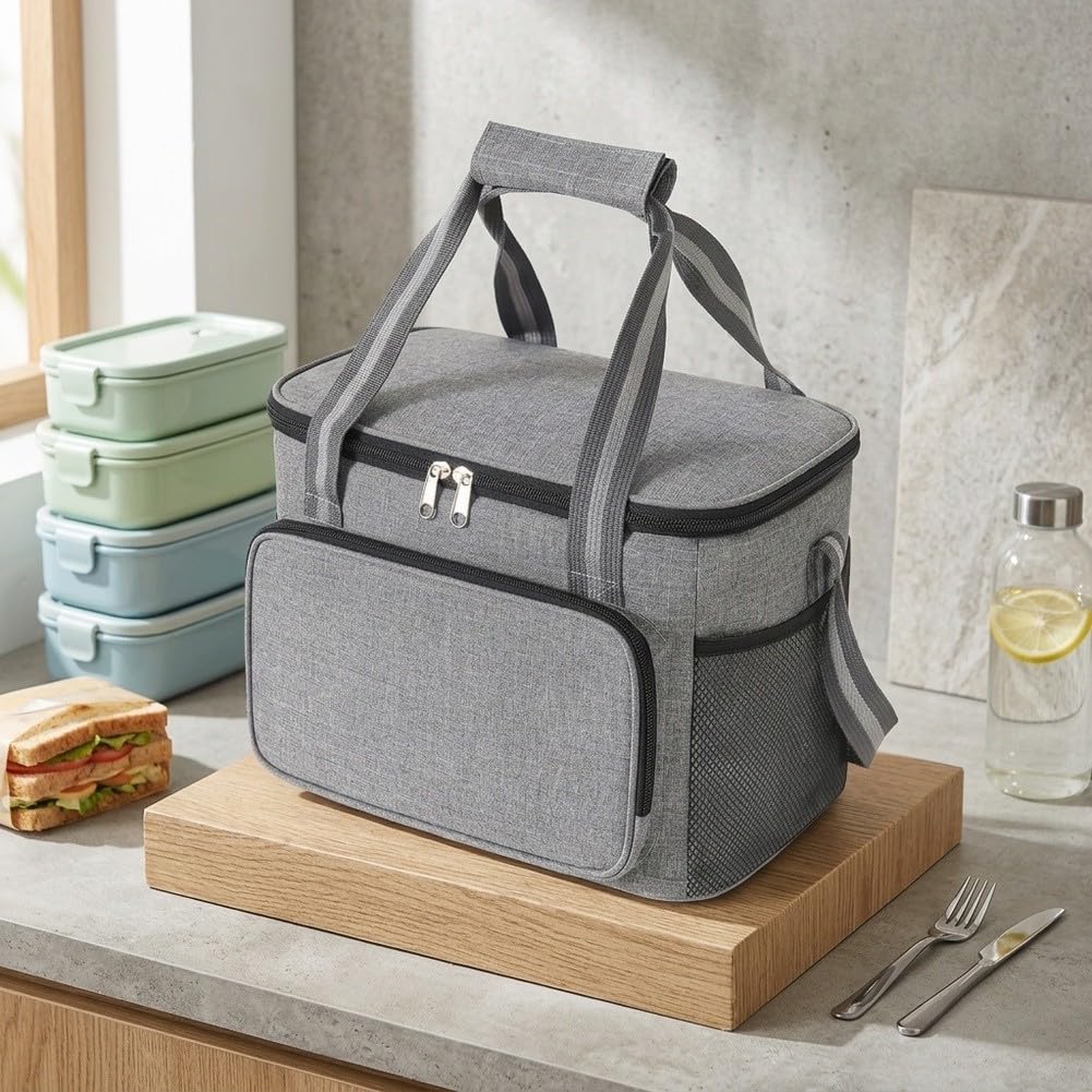 Sac à déjeuner pratique avec disposition fonctionnelle avec compartiments dédiés pour ustensiles, serviettes et récipients à boissons