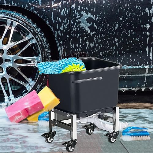 Miniatura 6 de Fregadero de fregona comercial independiente con rodillos, lavabo de servicio de fregona de plástico con botella de drenaje, cubos de fregona