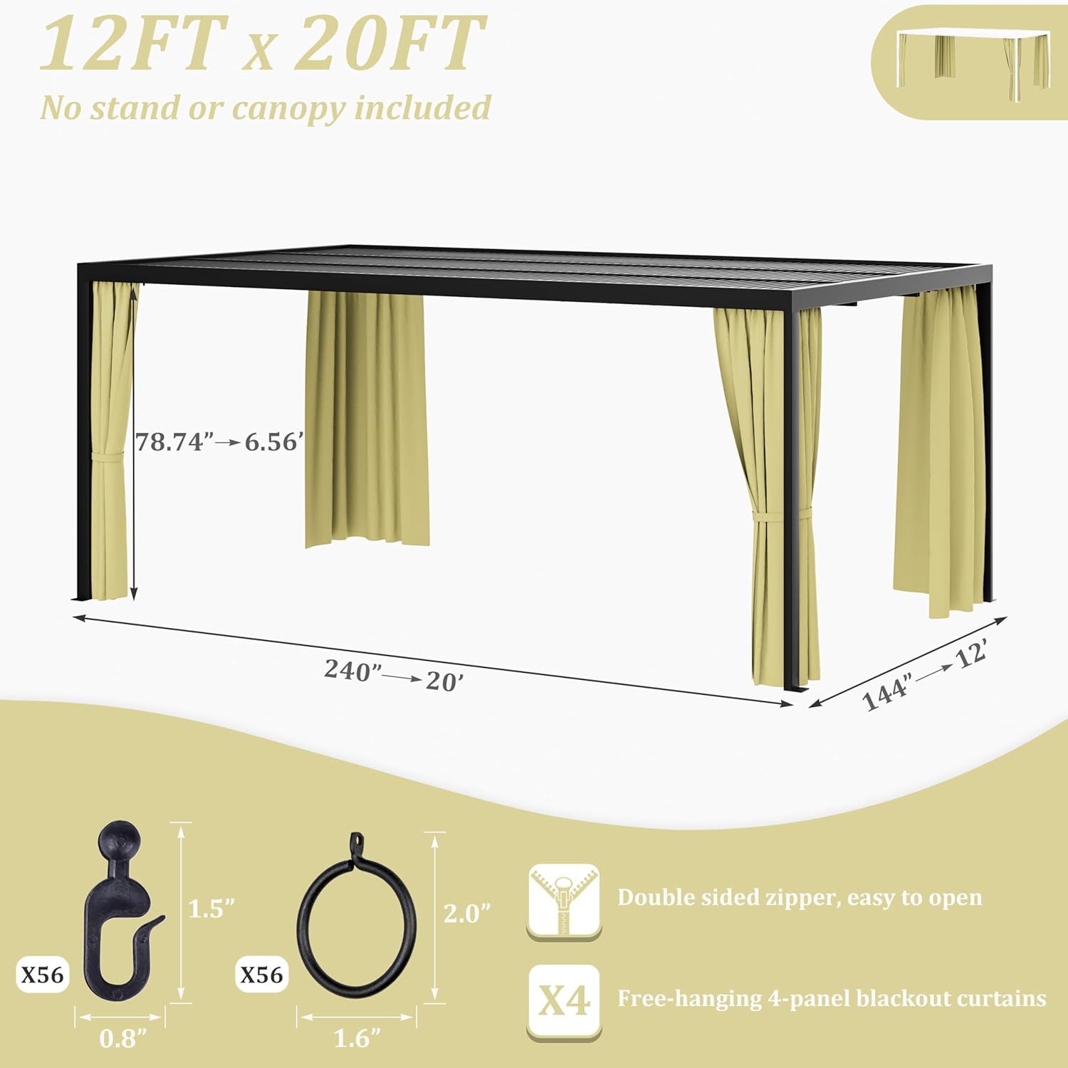 Gazebo Universal Replacement Privacy Curtain,12'×20' Gazebo Outdoor Waterproof Curtains, 4-Panels Sidewall Curtains with Double Zipper for Patio Canopy, Garden and Backyard (Curtain Only)