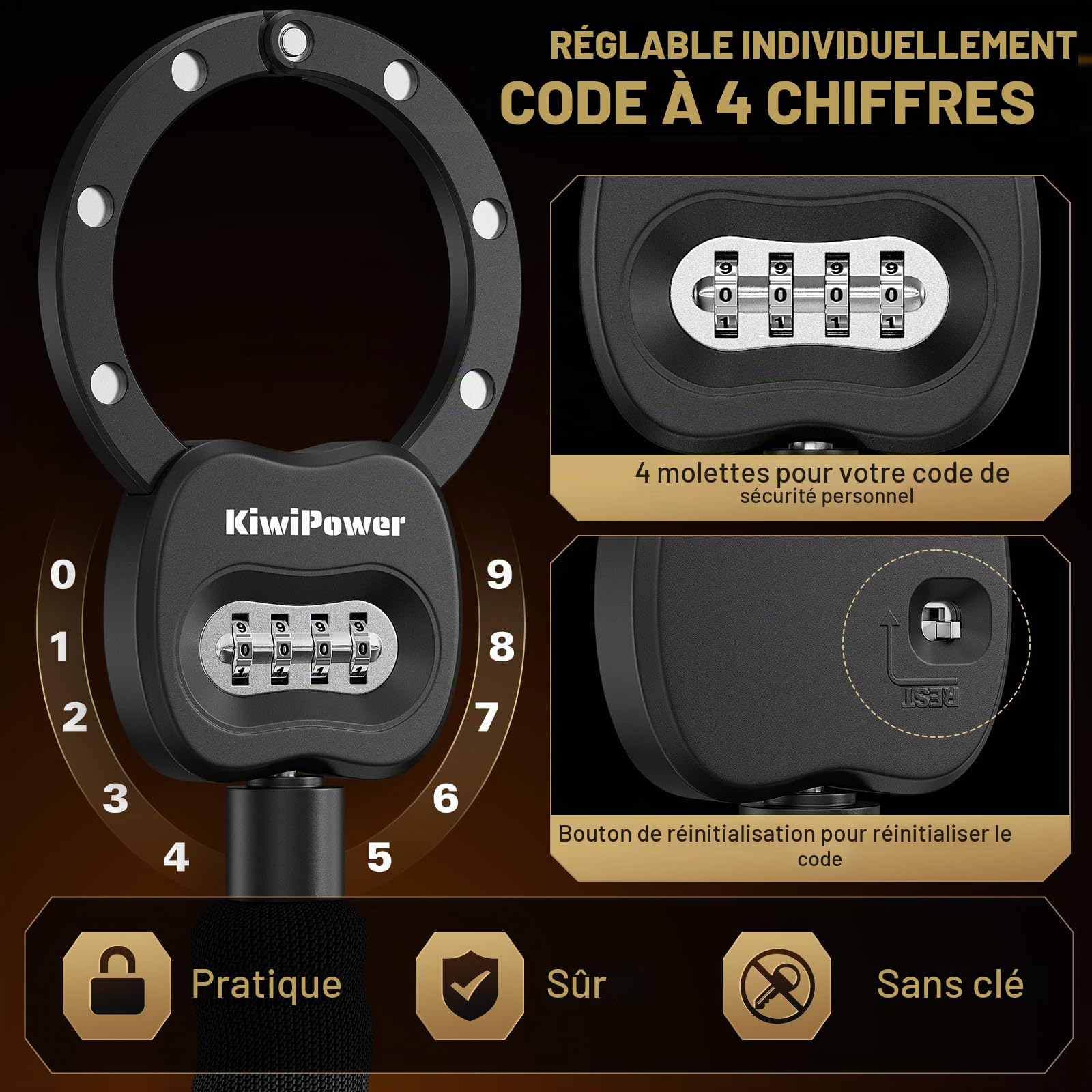Antivol pour scooter électrique avec serrure à combinaison, chaîne antivol de 90 cm avec sac, serrure à menottes pour scooter électrique et vélo, protection antivol sans clé