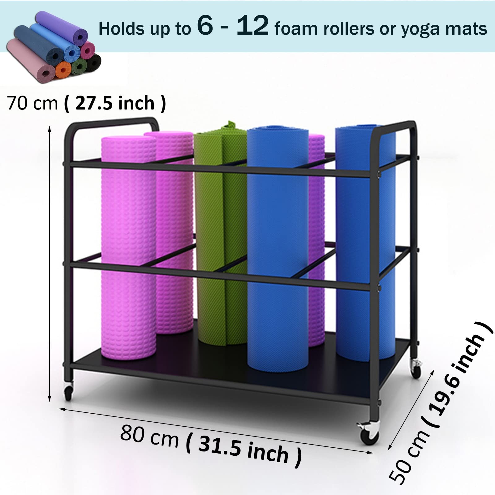 Heavy Duty Yoga Mat Cart z kółkami, zamykany stojak na sprzęt do pilatesu, uchwyt na piankę i organizer na podkładki do ćwiczeń, do domu, na siłownię lub studio Space Saving Solution