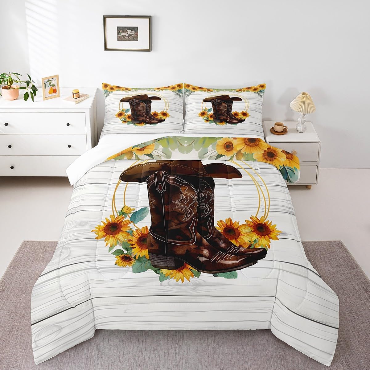 Manfei Cowboy Boots Hat Comforter Set Twin Size, Yellow Sunflower Bedding Set 2pcs for Kids Boys Girl Bedroom Decor, Grey Wooden Plank Down Comforter Soft Polyester Quilt Set with 1 Pillowcase