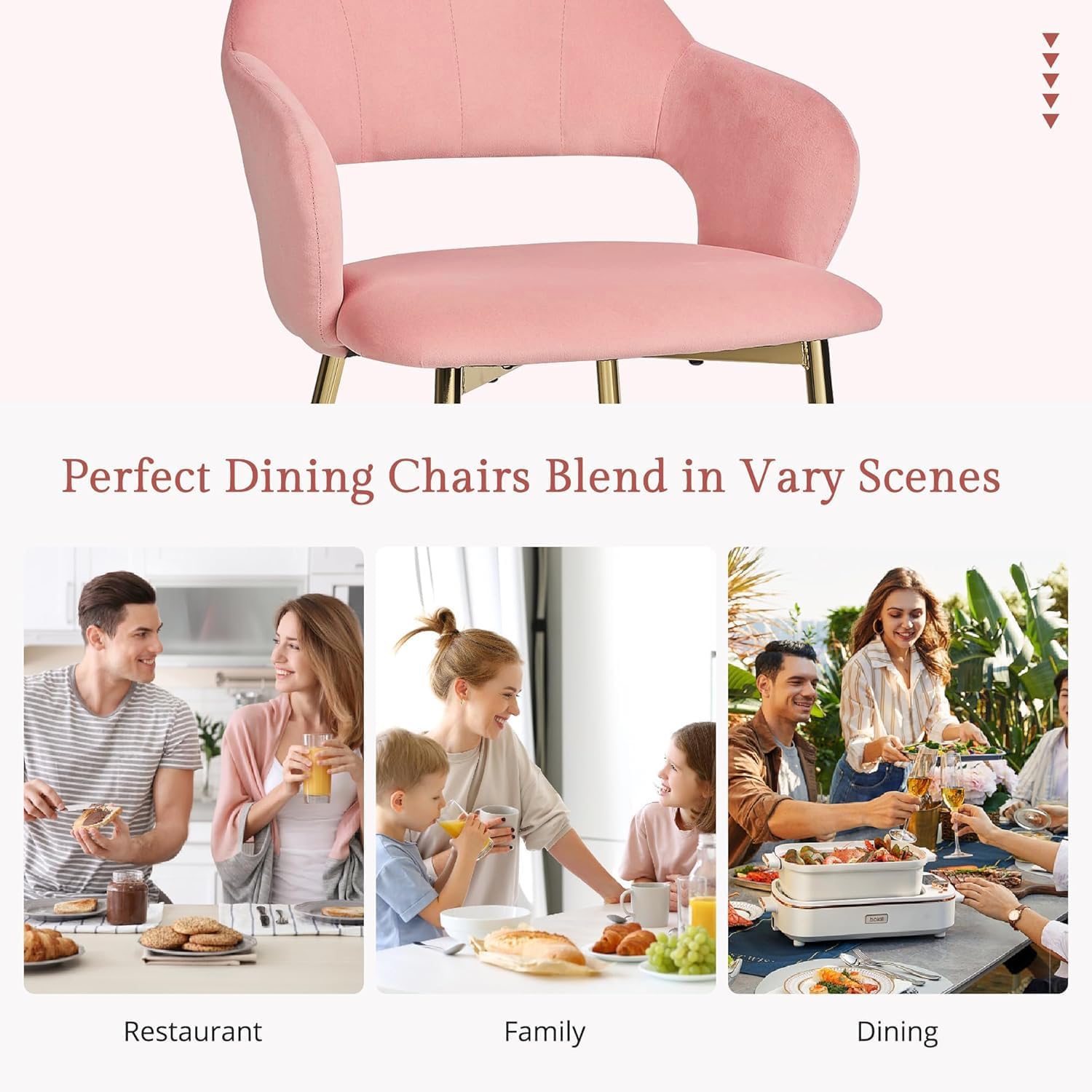VECELO Velvet Dining Chairs Set of 4, Modern Upholstered Kitchen Chairs with Cushion, Padded Backrest and Metal Legs, Pink