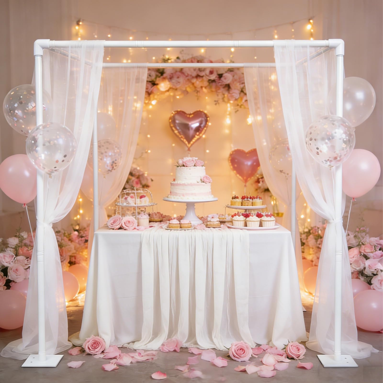 Beyeutao Square Backdrop Stand with Four Bases Adjustable W7.2 x L7.2 x H7.2 FT Cube Backdrop Stand Wedding Backdrop Support Kit White Pipe and Drape Background Frame for Birthday Party Baby Shower