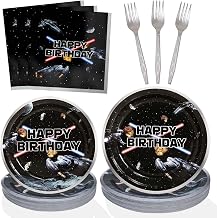 Space Battleship Wars Themed Birthday Party Decorations 25 Guests,100pcs Cardstock Plates, Napkins, Forks | Star Galaxy Universe Starship for Boys Kids Party Decorations