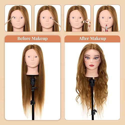 Miniatura 3 de Cabeza de maniquí 80% cabello humano con soporte para trípode, 28 pulgadas, maquillaje cosmetología, práctica de maniquí, cabeza de peluquería