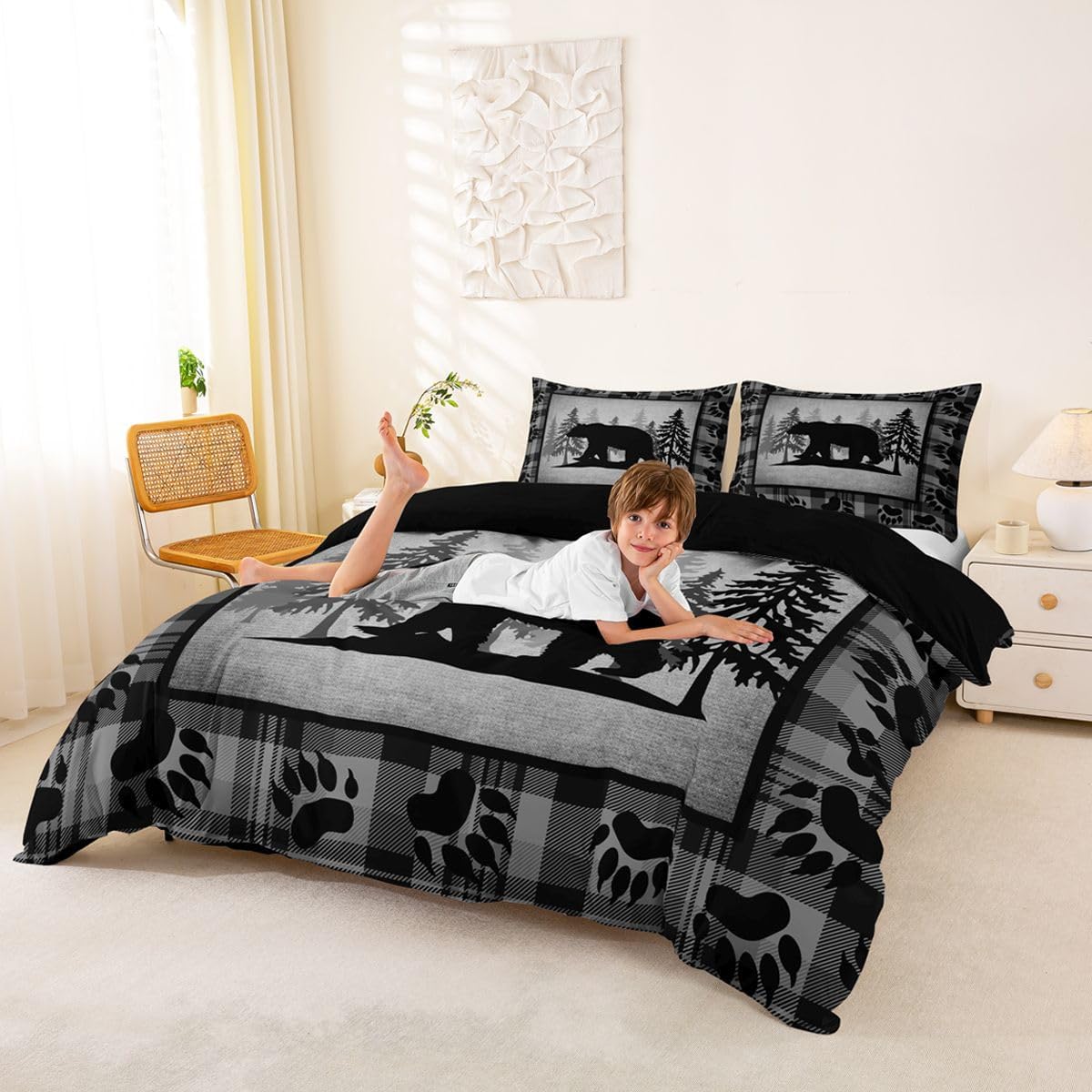 Manfei Vintage Walking Bear Duvet Cover for Kids Boys Girls,Forest Paw Comforter Cover with Zipper Wild Animals Room Decor Todder Size 2 Pcs with 1 Pillowcase,No Comforter,Light Grey image 4