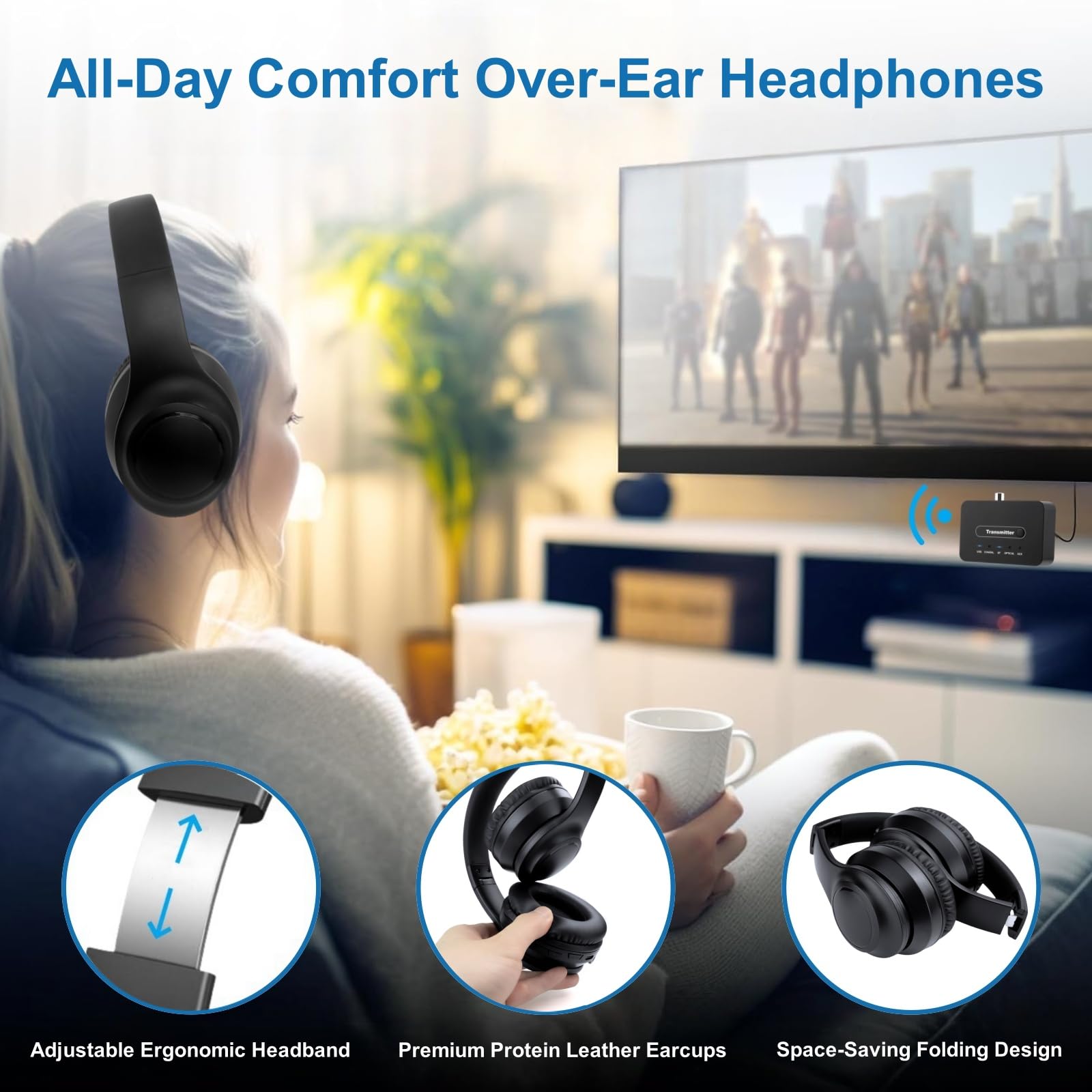 Kabelloser ANC TV Kopfhörer für Senioren - Active Noise Cancelling, Bluetooth 5.3 Over-Ear Funkkopfhörer mit Sender, Hi-Fi Sound, 35h Spielzeit