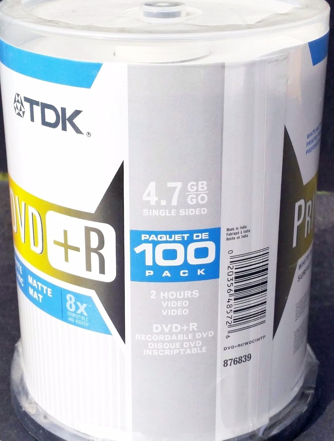 100 on spindle pack TDK Print On DVD R 8x 4.7 GB single sided white matte