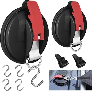 UPGRADE-2PCS Heavy Duty Suction Cups Anchor Camping,Vacuum Suction Cup Tie Downs with 4PCS Hooks& 2PCS Tarp Clips,Outdoor Tie Down Suction Cup Wall Anchor For Camping Tarp Accessory,Car Side Awning