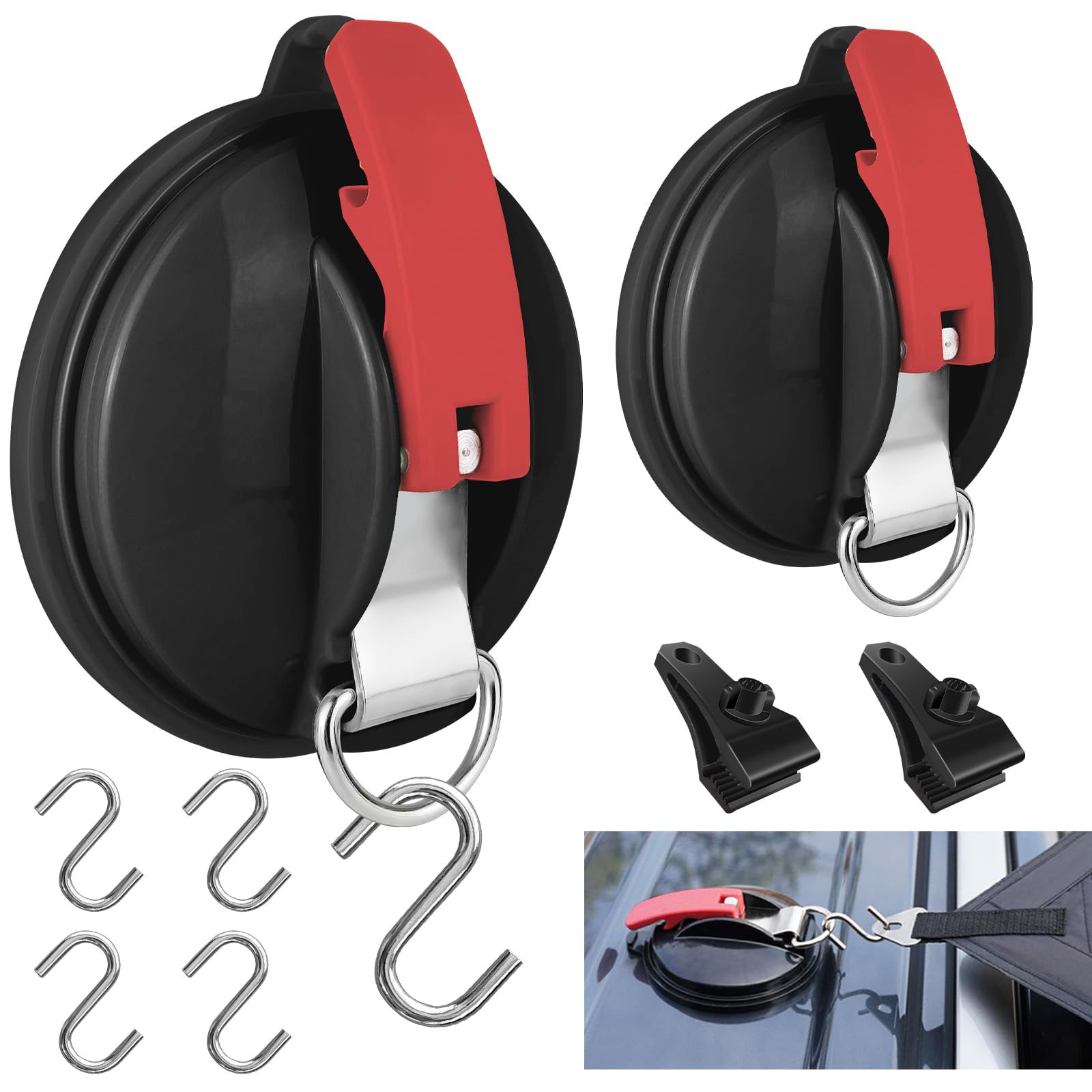 Photo 1 of UPGRADE-2PCS Heavy Duty Suction Cups Anchor Camping,Vacuum Suction Cup Tie Downs with 4PCS Hooks& 2PCS Tarp Clips,Outdoor Tie Down Suction Cup Wall Anchor For Camping Tarp Accessory,Car Side Awning 2 Red Suction Cups + 4 Hooks + 2 Tarp Clips