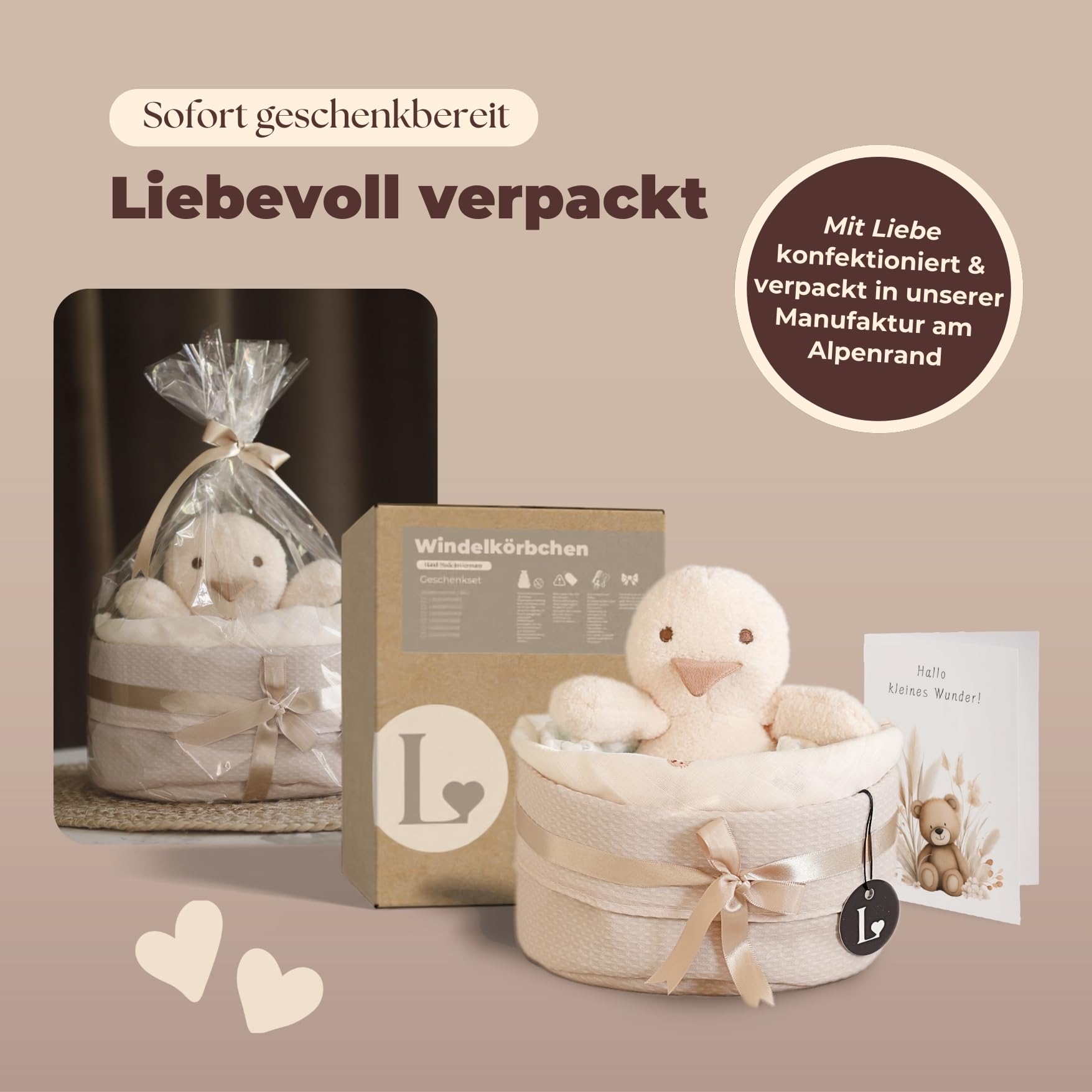 Baby Geschenkkorb zur Geburt – Windeltorte neutral mit Kuscheltier Ente, Spucktuch & Karte, Baby Willkommensgeschenk Junge & Mädchen, Handmade Erstausstattung Set & Wickeltisch Organizer