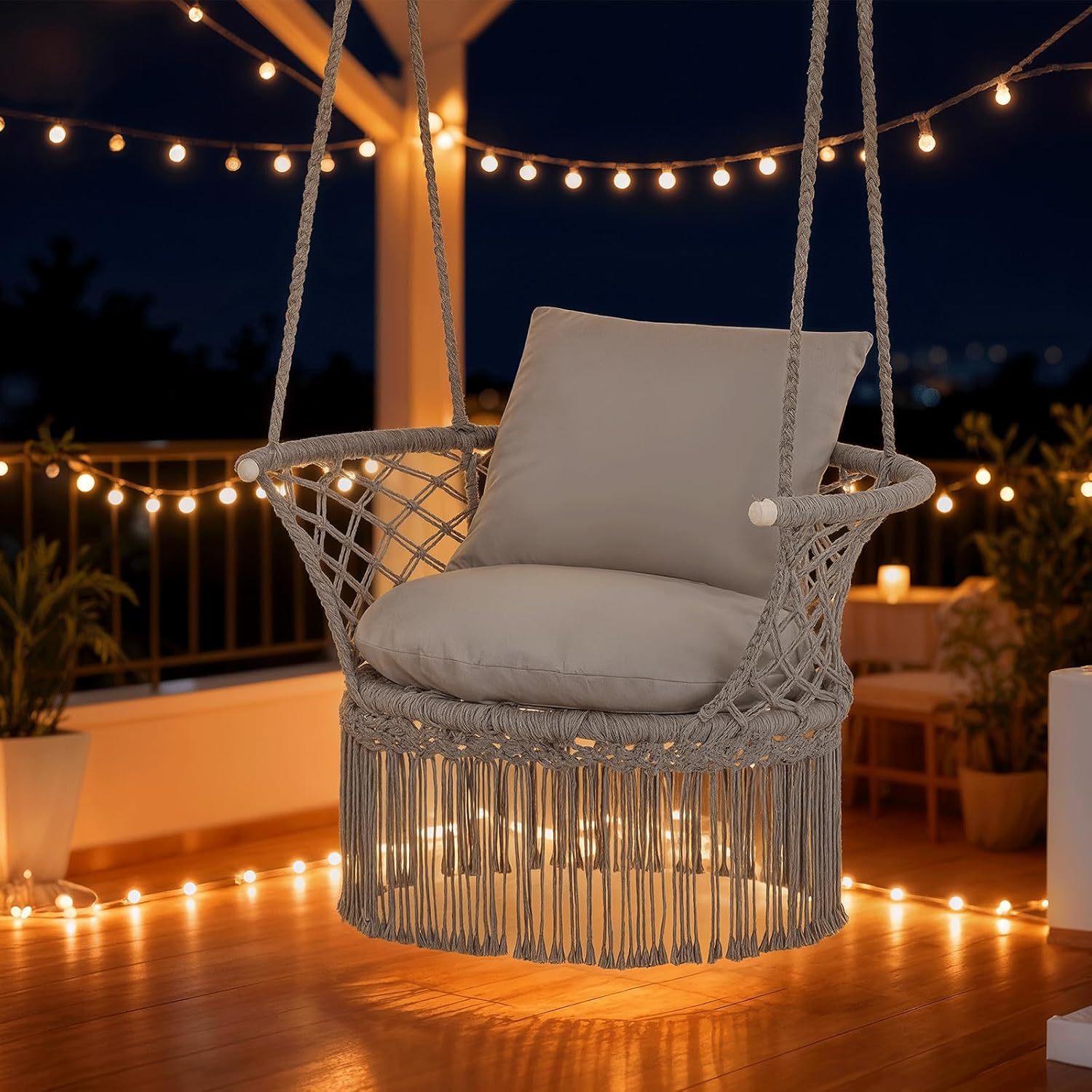 Magshion Boho Hanging Chair with Cushions, Macrame Swing Chair for Indoor and Outdoor Use, 350 lbs Capacity, Handwoven Cotton Hammock Seat, Gray