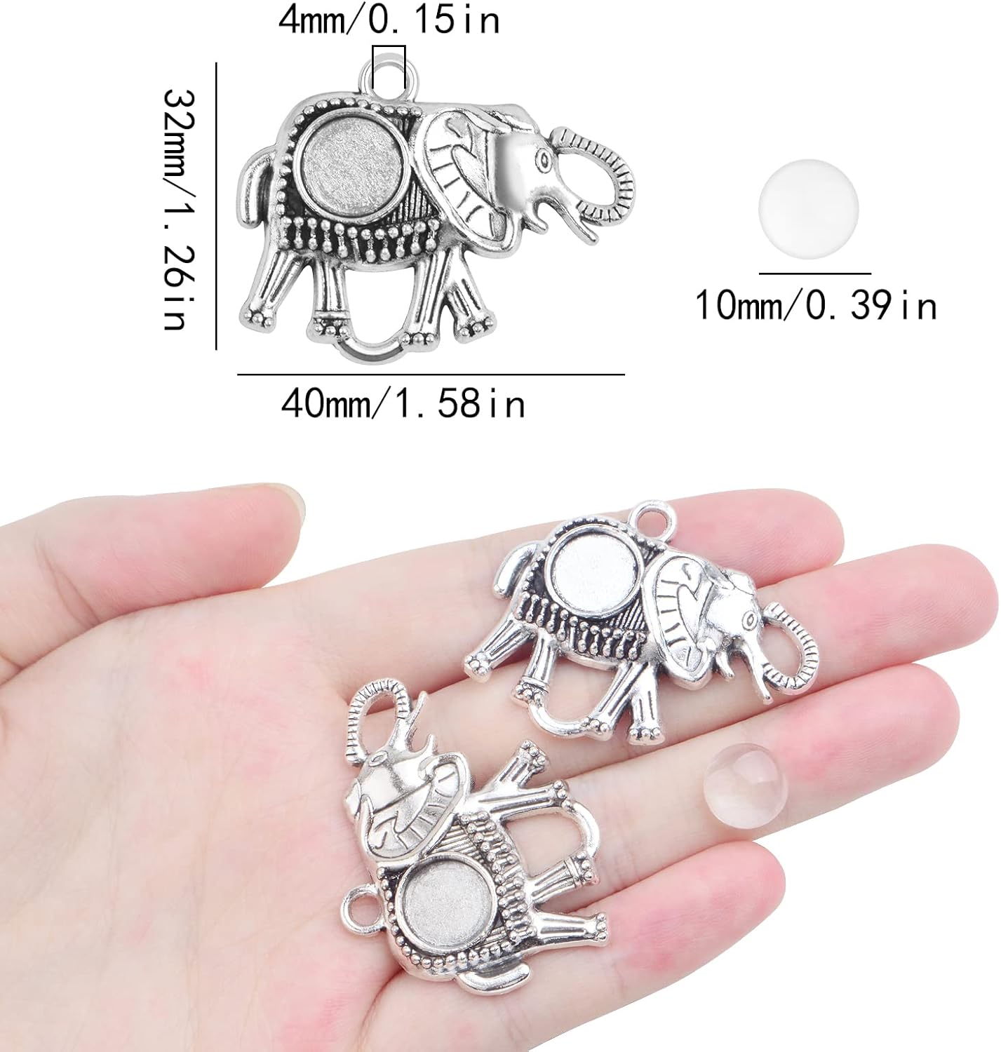 10pcs Antique Silver Elephant Pendant Trays Alloy Elephant Charms Blank Bezel with 10pcs Clear Glass Cabochons Dome Tiles Memorial Photo Charms for Cameo Pendants Jewelry Making Decor - Image 3