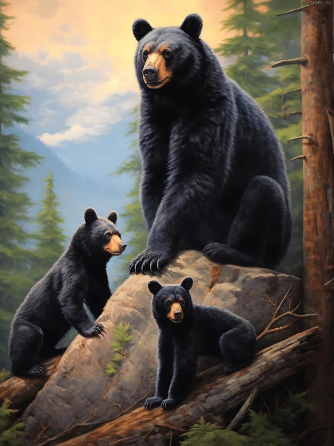 Black Bears Standing in Tree Paint by Numbers for Beginners