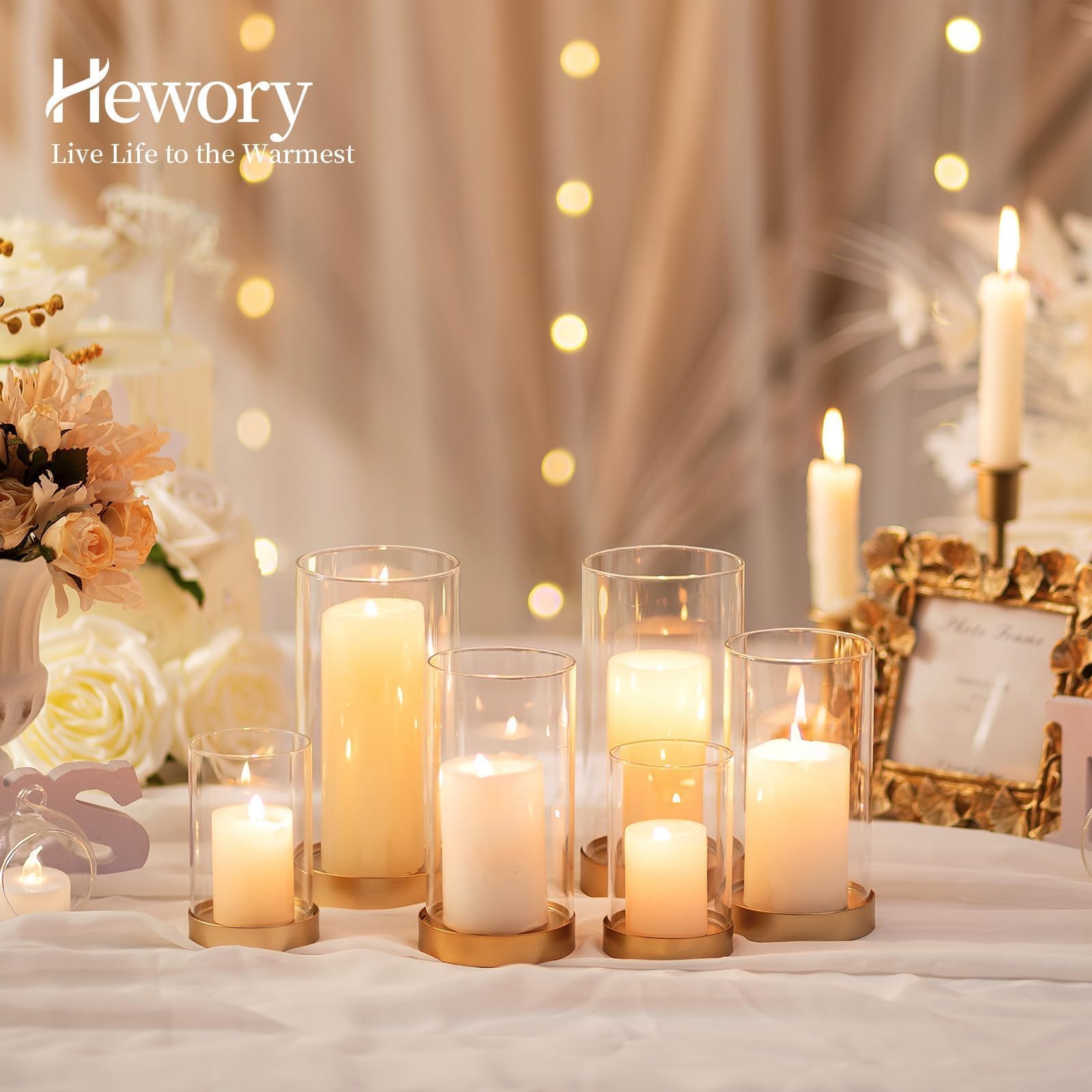 Lot De 6 Bougeoirs Hurricane En Verre Doré - Hauteurs 36cm, 42cm, 48cm, Pour Mariage, Décoration