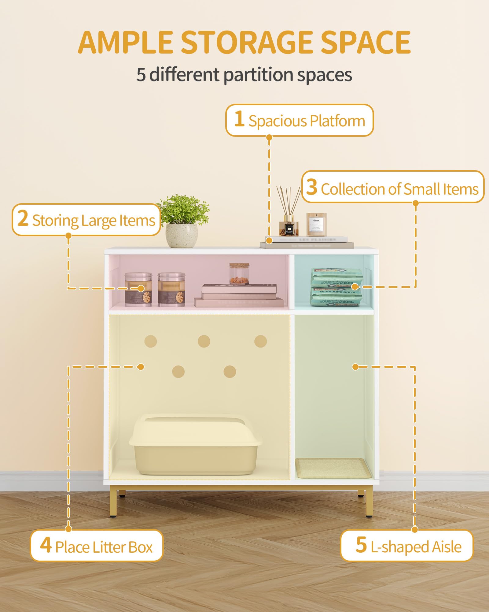 Cat Litter Box Furniture, Hidden Cat Litter Box Enclosure with Storage, Wooden Cats Cabinet with Scratch Pad, Cats House, Modern End Table for Living Room Entryway, White and Gold CB87603G - image 5