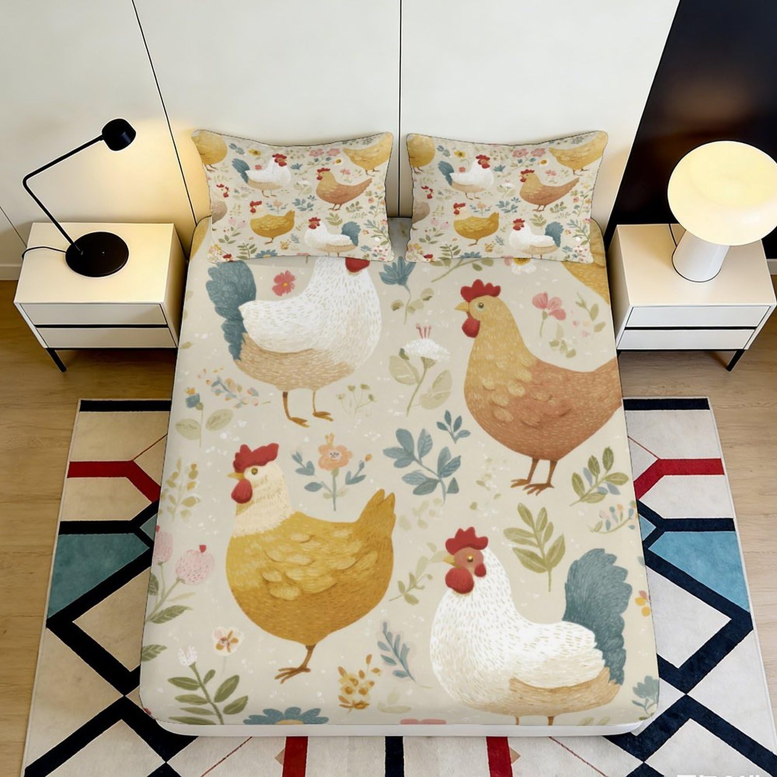 3D Printed Chicken Farmhouse Fitted Sheet Microfiber Soft Animal Hen Bed Cover for Bedroom Guest Room Decor 90x200x25cm