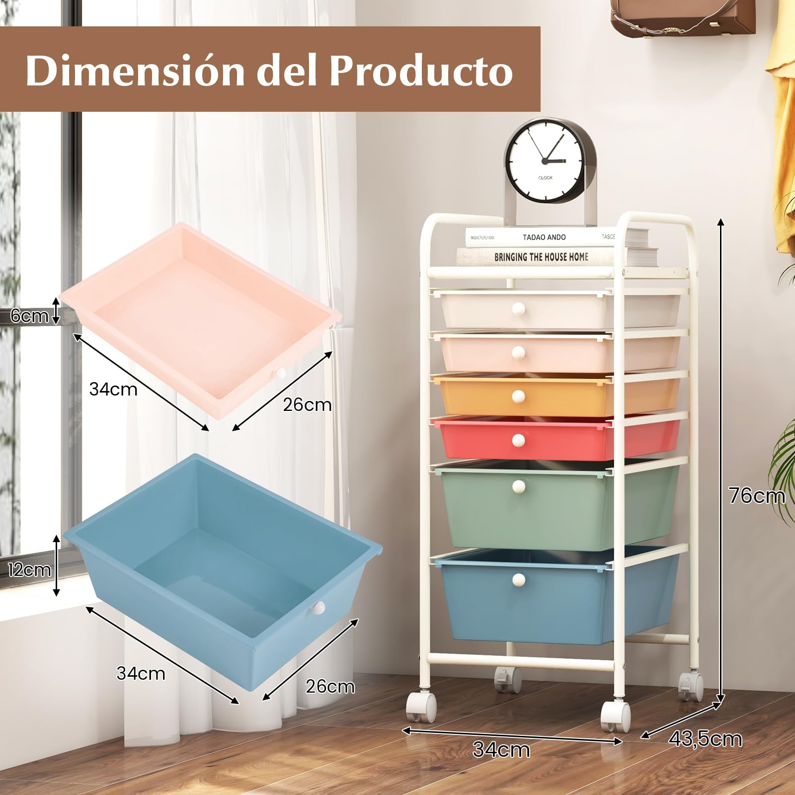 GIANTEX Carro de Almacenamiento con 6 Cajones, Cajonera con 4 Ruedas(2 con Frenos), Tablero y Marco de Metal, Cajones Plásticos, Carrito Auxiliar para Oficina, Dormitorio, Baño (Macaron)
