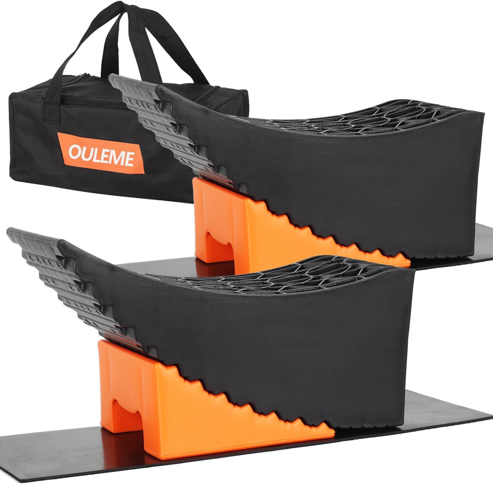 Curved Leveling Blocks, Raised Tire Change Ramp, for RV Camper Travel Trailer, Fits Dual Axle Tandem Wheel Aid Changing, Lift up to 6", Comes with Chock and Rubber Mat (2 Pack)