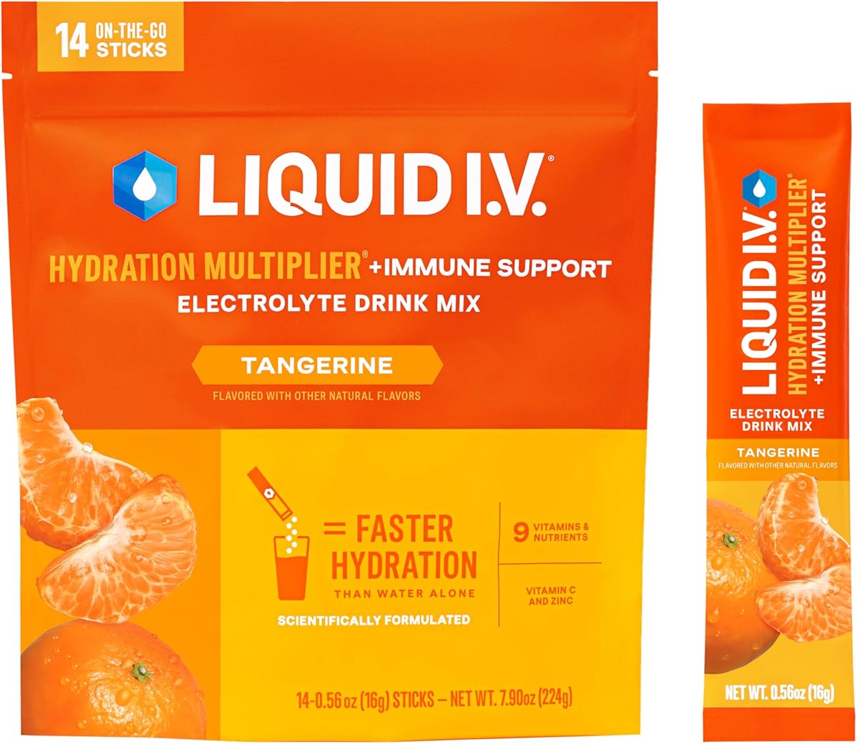 Liquid I.V. Liquid I.V.® Hydration Multiplier +Immune Support - Tangerine | Electrolyte Powder Drink Mix | 1 Pack (14 Servings)