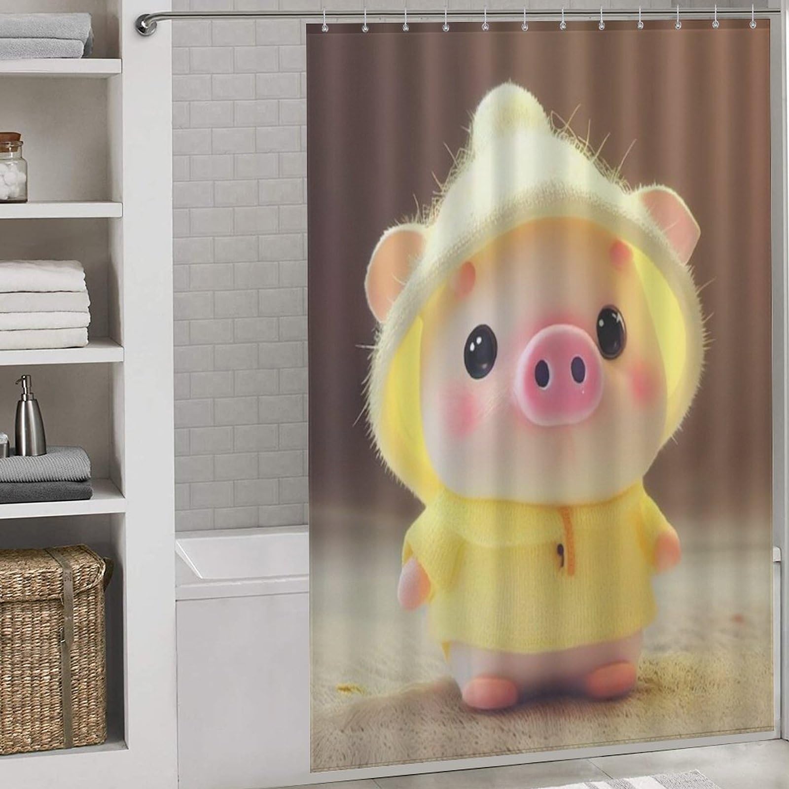 Rideau de douche cochon mignon tissu polyester lavable avec 12 crochets