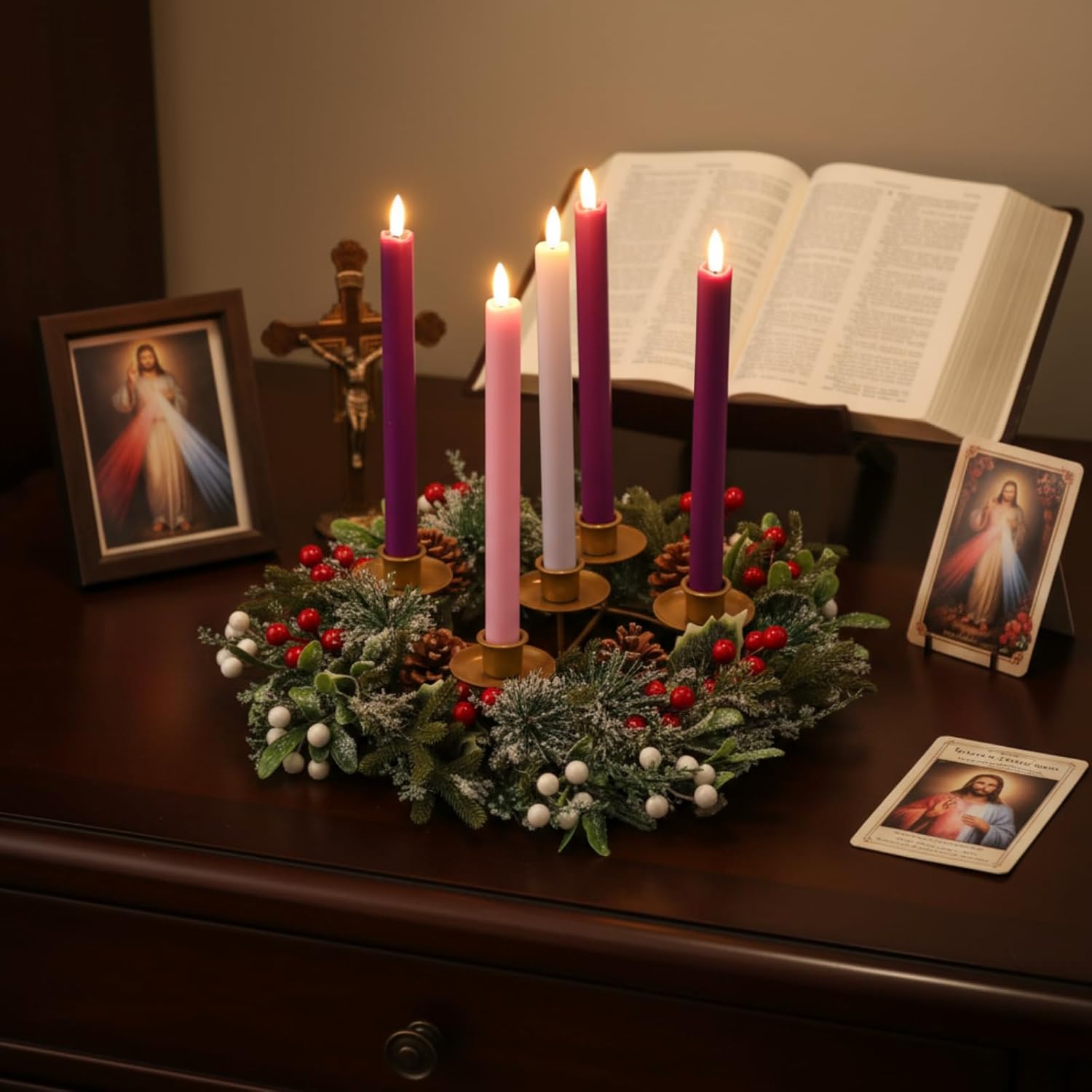 6 Pcs Christmas Advent Wreath with 5 Flameless Advent Candles, 11.8 Wreath with Remote, Flickering Flameless Candle for Church Table Centerpiece Holiday Decor Gifts, Exclude Battery(Pine Needle)