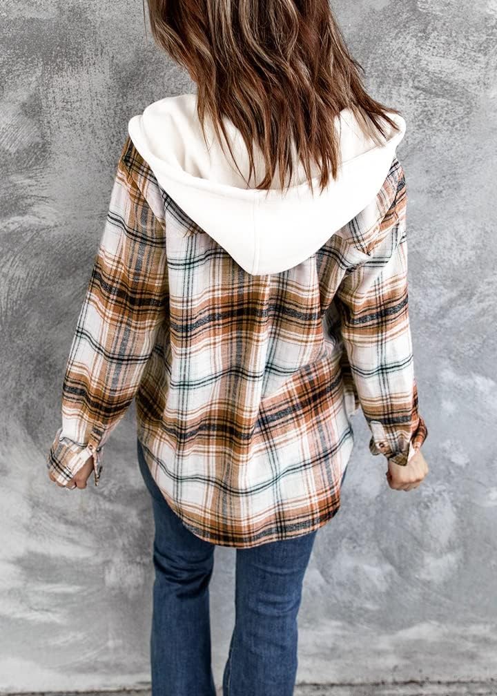 INFITTY Women's Buffalo Plaid Hoodie Long Sleeve Jacket Button Drawstring Casual Fall Shirts with Pocket - Image 3