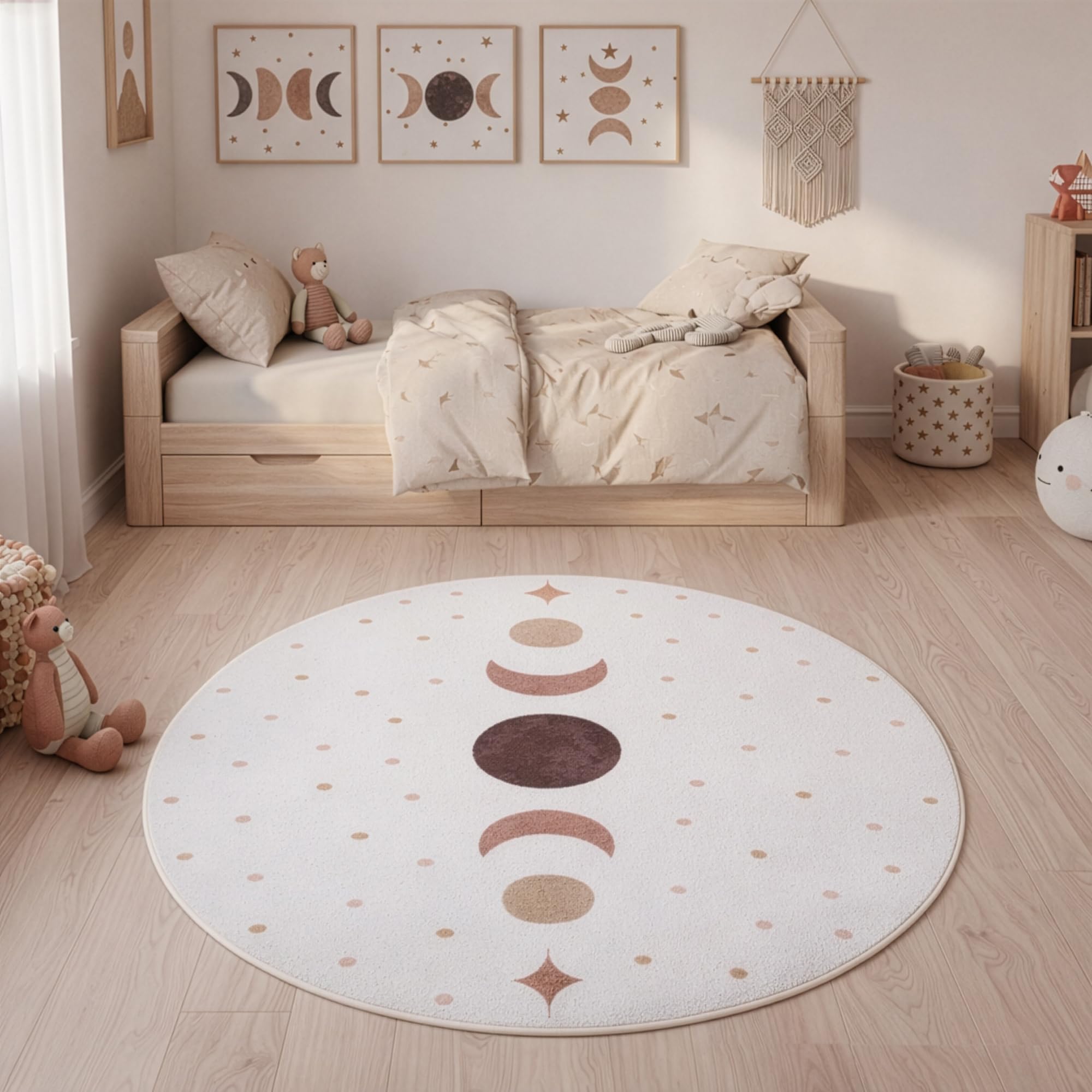 Teppium Tapis Enfant Phases de la Lune Rond 160 cm pour Chambre d Enfant en Crème avec Design Boho Ideal comme Surface de Jeu et Repos