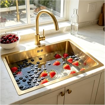 Gold Stainless Steel Top Mounted Single Bowl Sink With Golden Faucet, 75x45cm Square Handmade Bar/Prep Multiple Sizes, Nano With Drain Kit, Easy-CleanGold#01