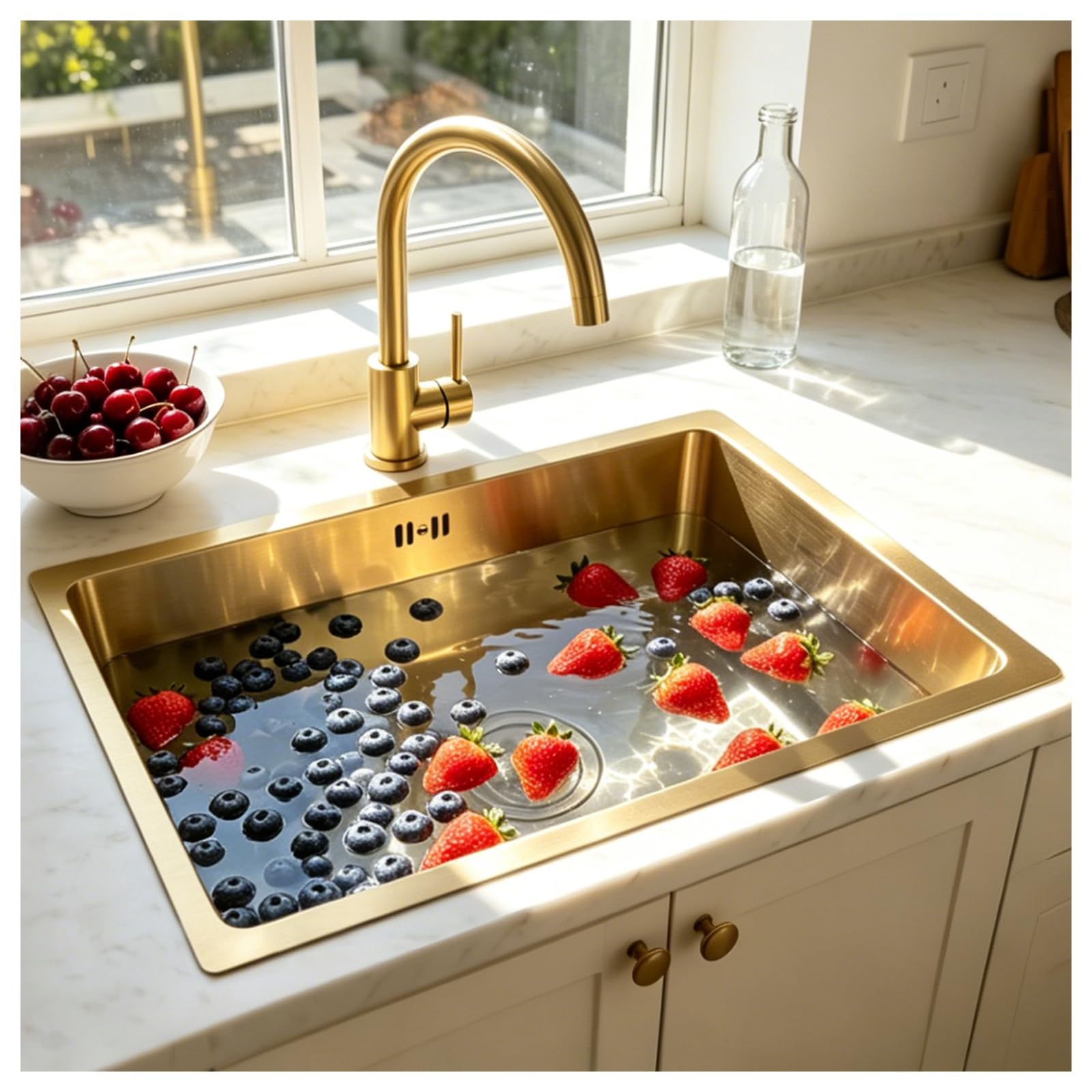 DSMRLEOP Gold Stainless Steel Top Mounted Single Bowl Sink With Golden Faucet, 75x45cm Square Handmade Bar/Prep Multiple Sizes, Nano With Drain Kit, Easy-Clean(Gold#01)