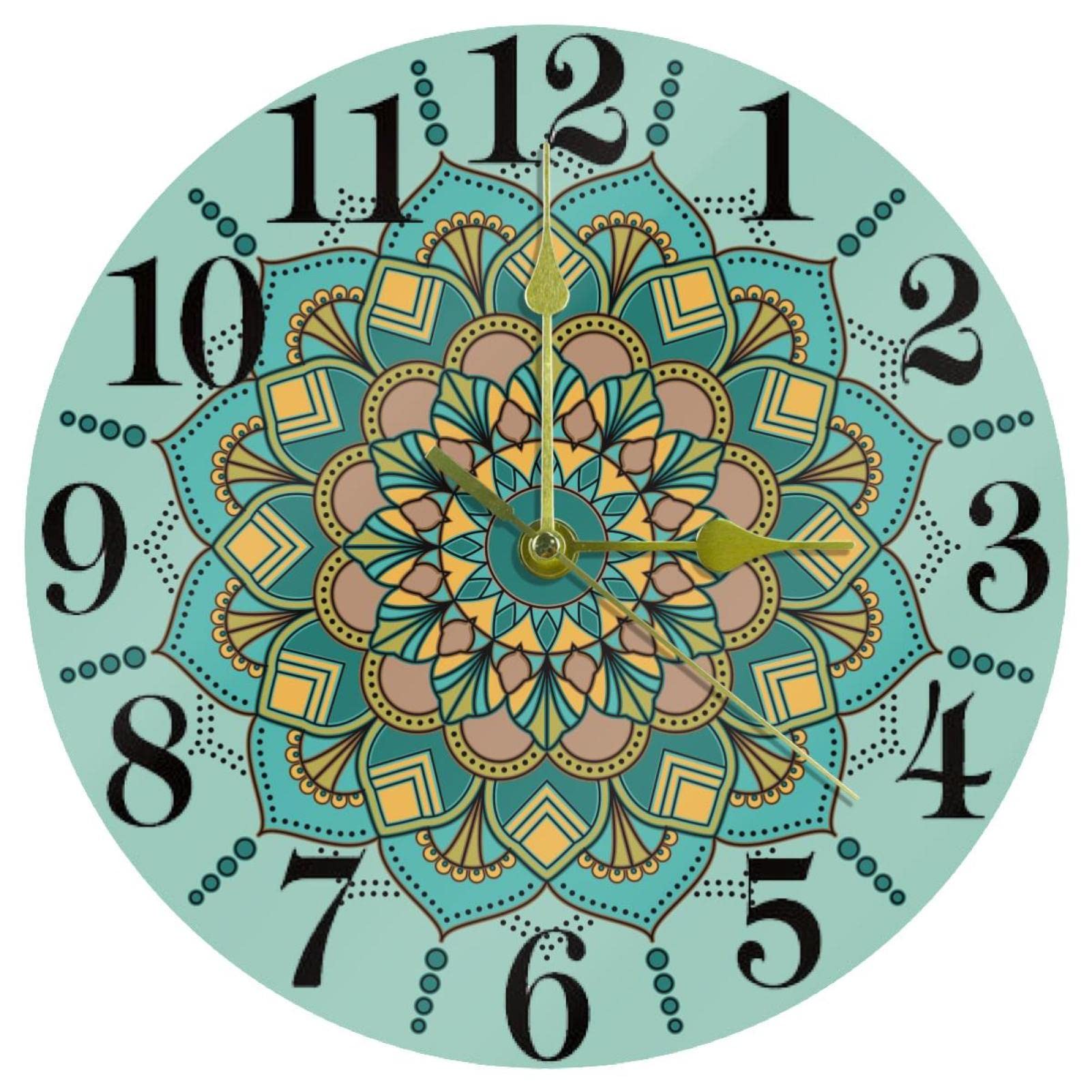 Horloge murale silencieuse Mandala Vert 25 cm à quartz pour travailler sans bruit