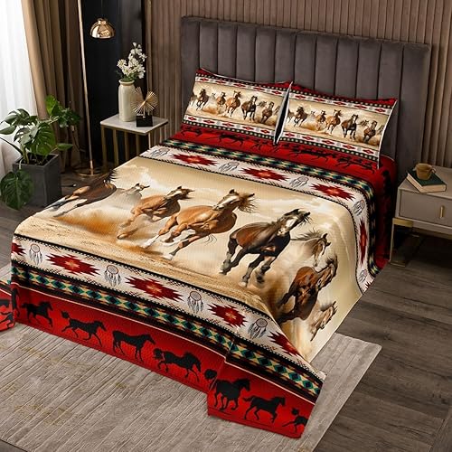 Erosebridal Juego de colcha de caballos rojo del suroeste nativo azteca, juego de colcha de animales occidentales, juego de edredón de plumas de