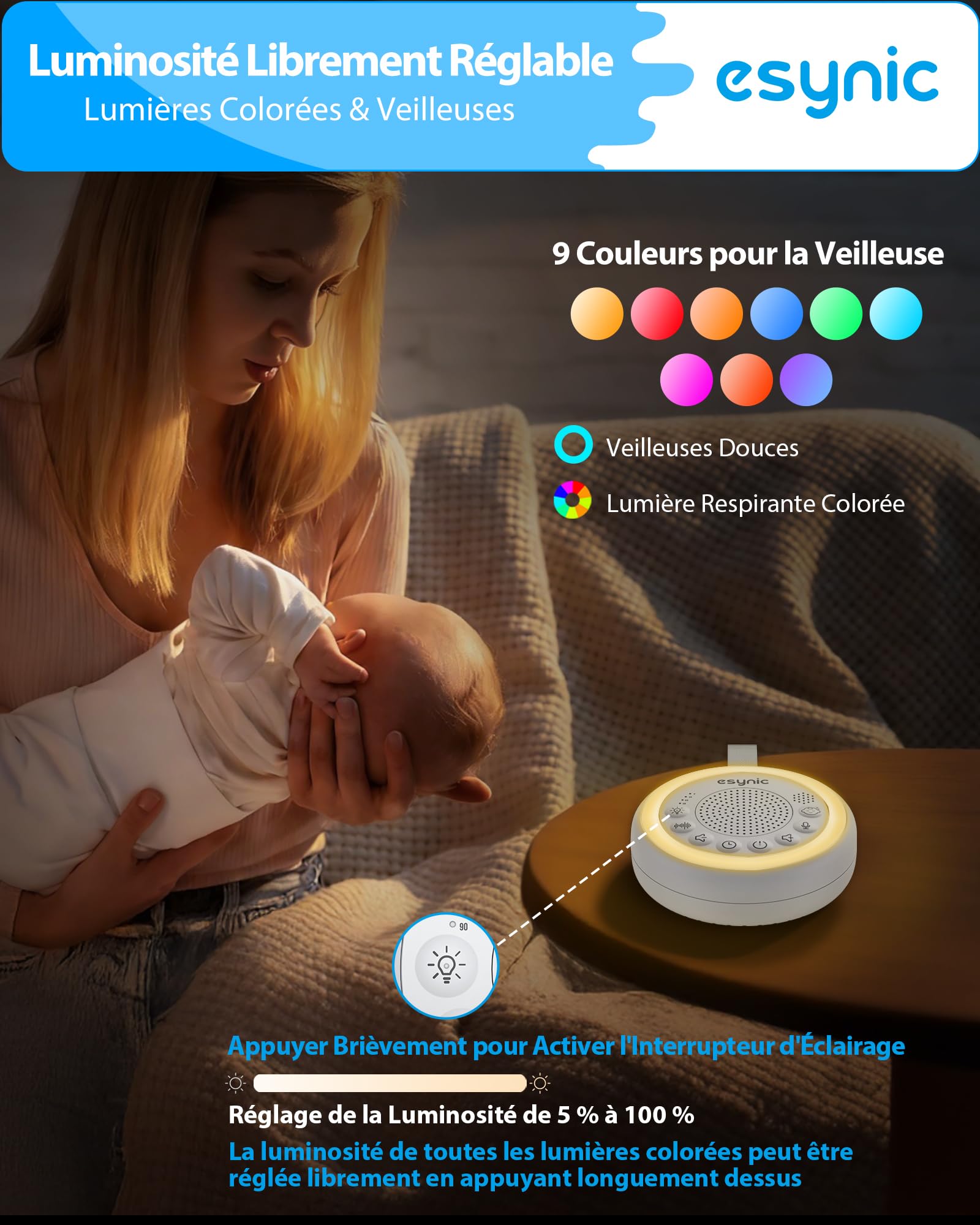 eSynic Machine à Bruit Blanc Portable pour Bébé avec Capteur de Pleurs Interrupteur Indépendant 24 Sons Apaisants Luminosité Volume Réglable Veilleuse Bruit Blanc Bébé Enregistrement Vocal Minuteries