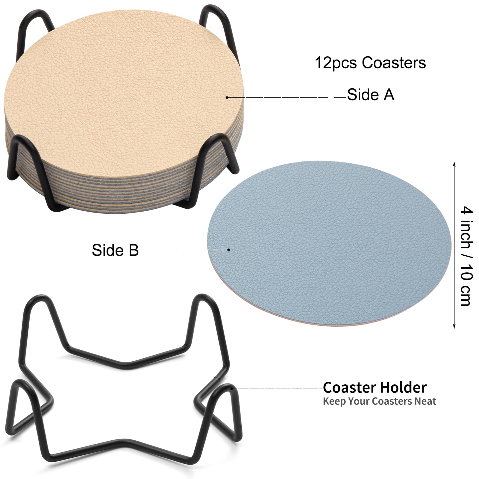Chitomars Faux Leather Drink Coasters with Holder, Dual Sided Sets of 12, Beige Yellow Light Blue, Round - Image 6