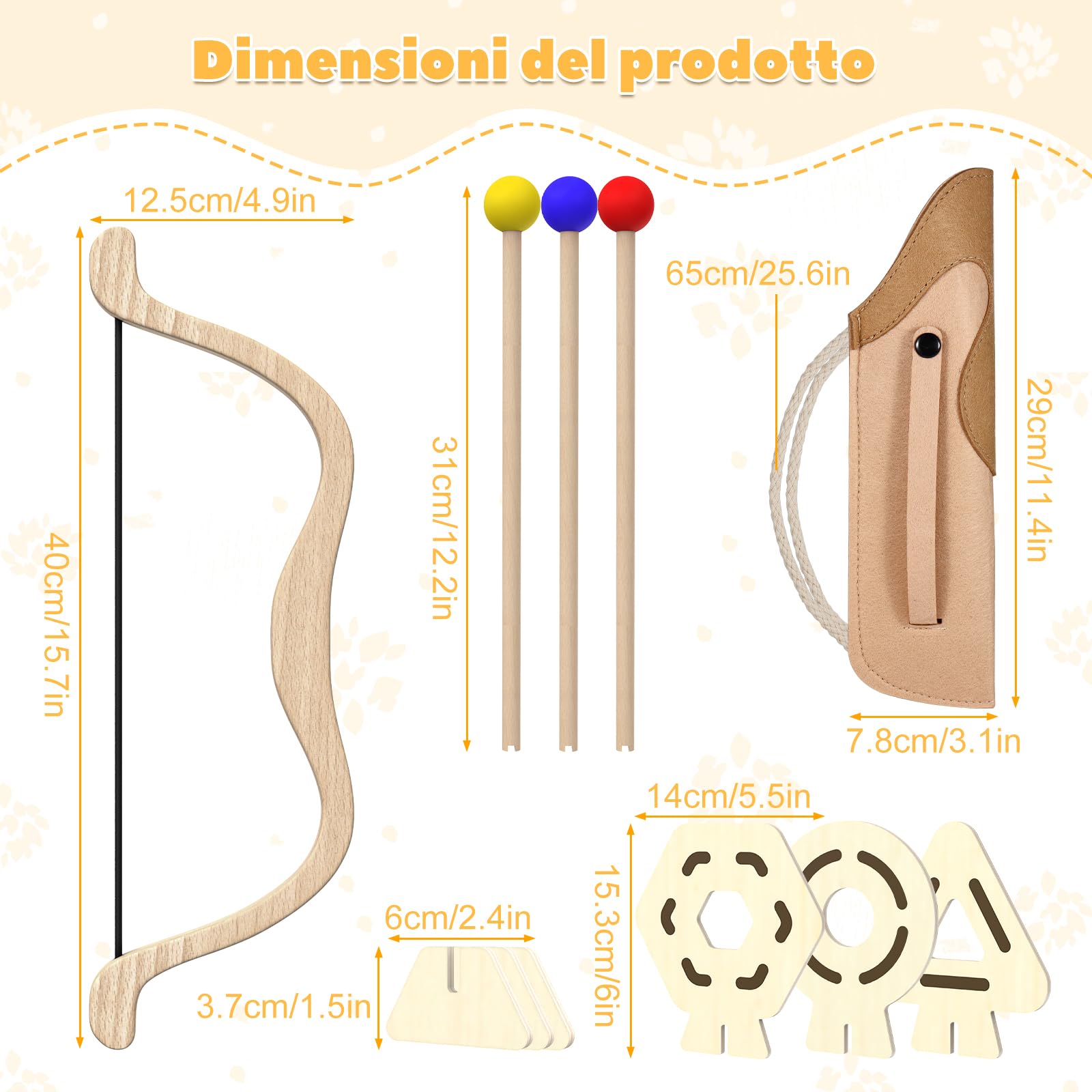 Set di Tiro con l'Arco in Legno per Bambini con 3 Frecce, 3 Bersagli e Faretra