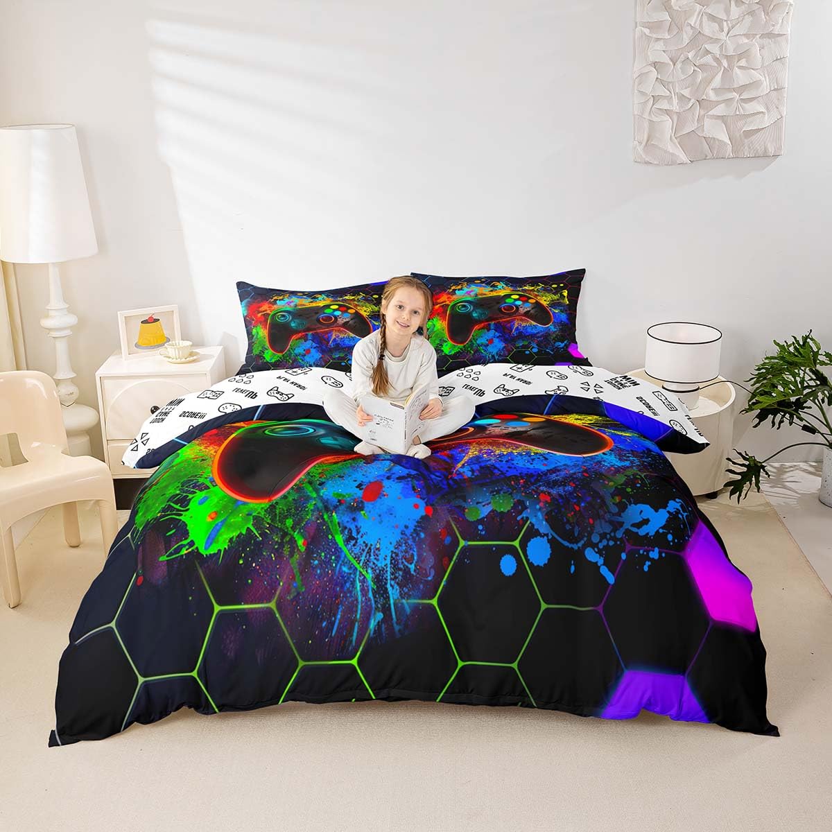 Homemissing Colorful Gaming Duvet Cover Set Single Size For Kids Boys Girls Teens Honeycomb Gaming Bedding Set Game Controller Duvet Cover with 1 Pillowcase Hexagon Gamer Bedding - Image 2