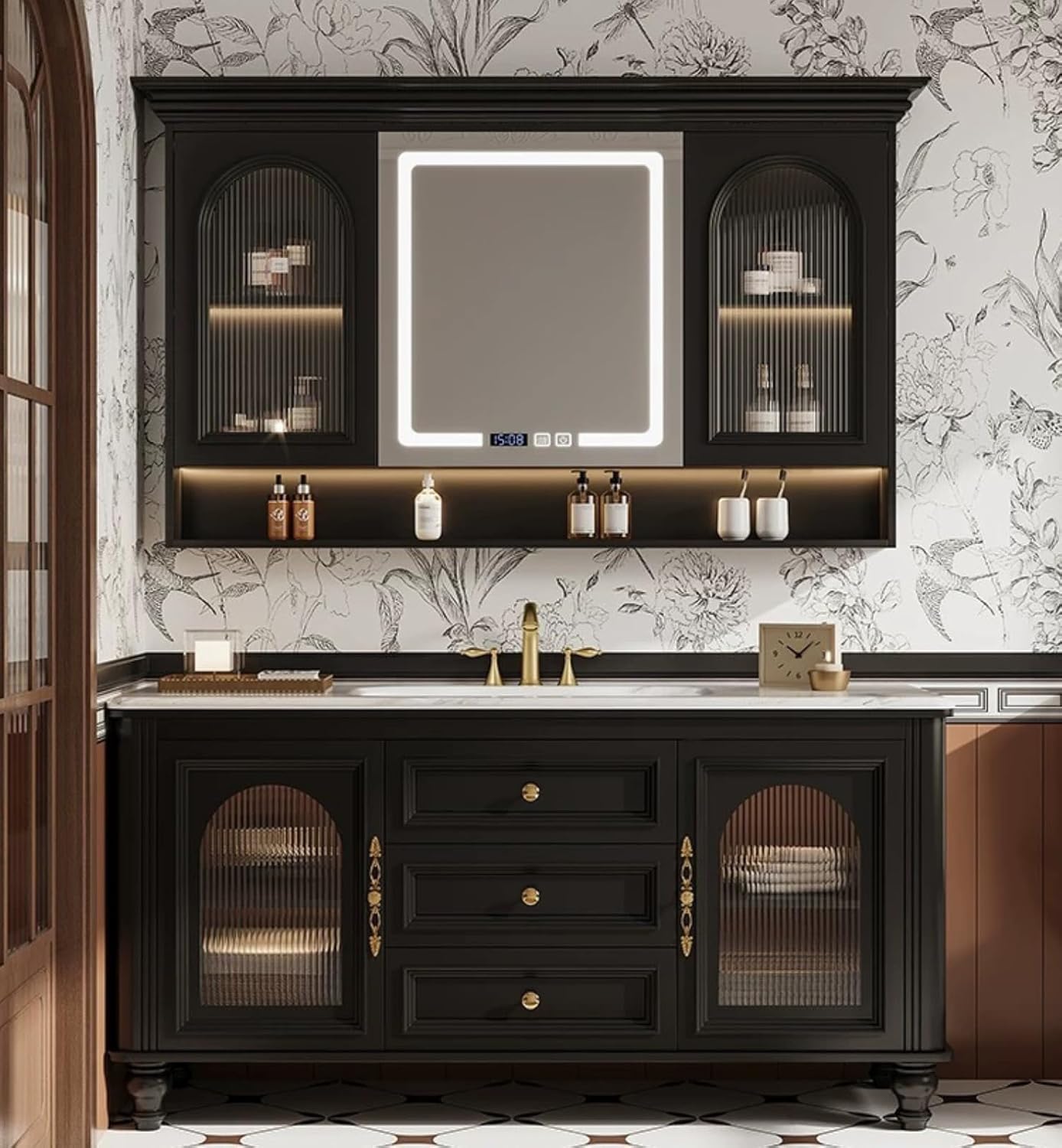 Freestanding Bathroom Vanity with Sink, Solid Wood Bathroom Vanity Set, Vintage Bathroom Vanities with Large Capacity Storage Cabinet and Open Shelf, Elegant Vanities (Black,68")